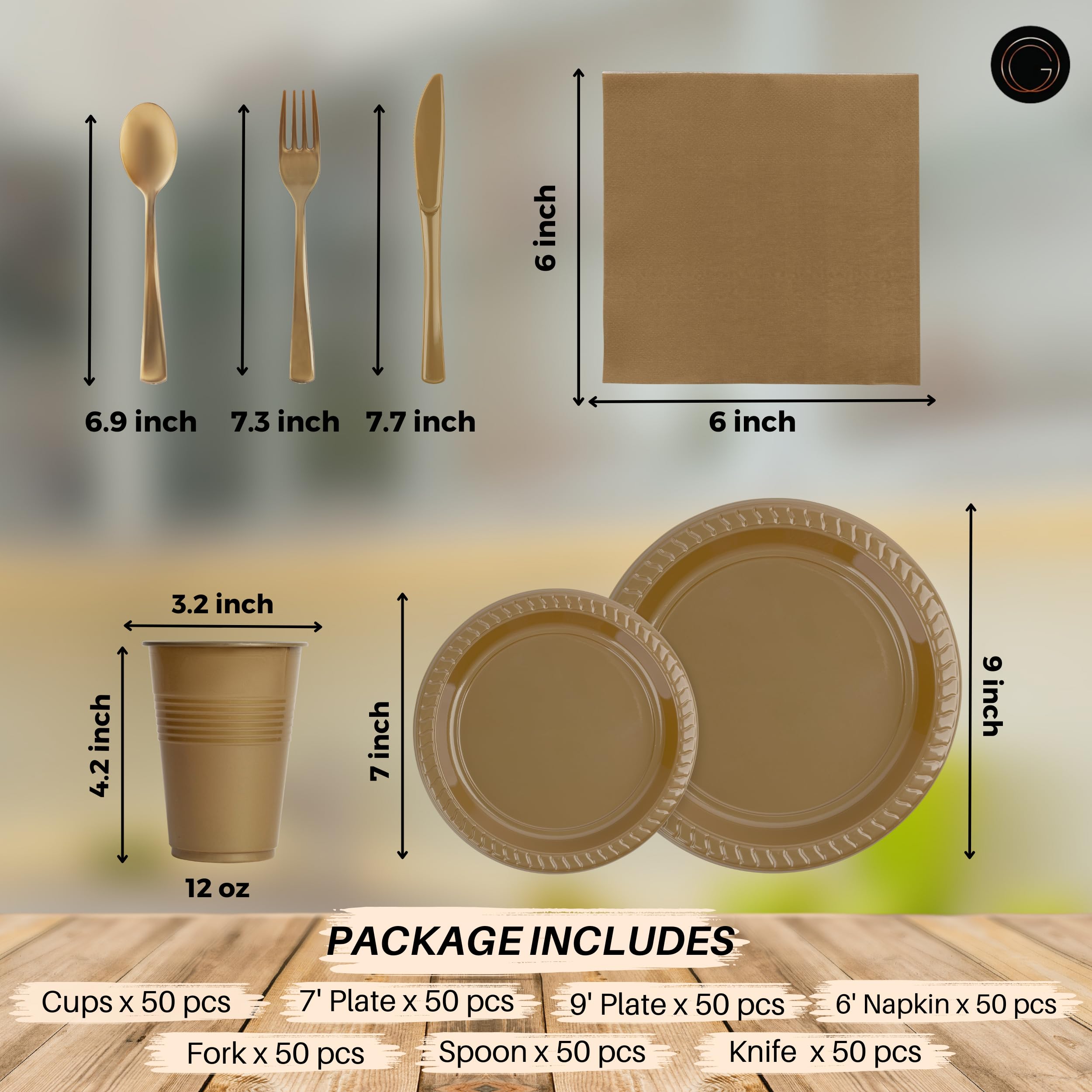Grandipity 350 Piece Gold Disposable Dinnerware Set, Includes 50 of Each: 9