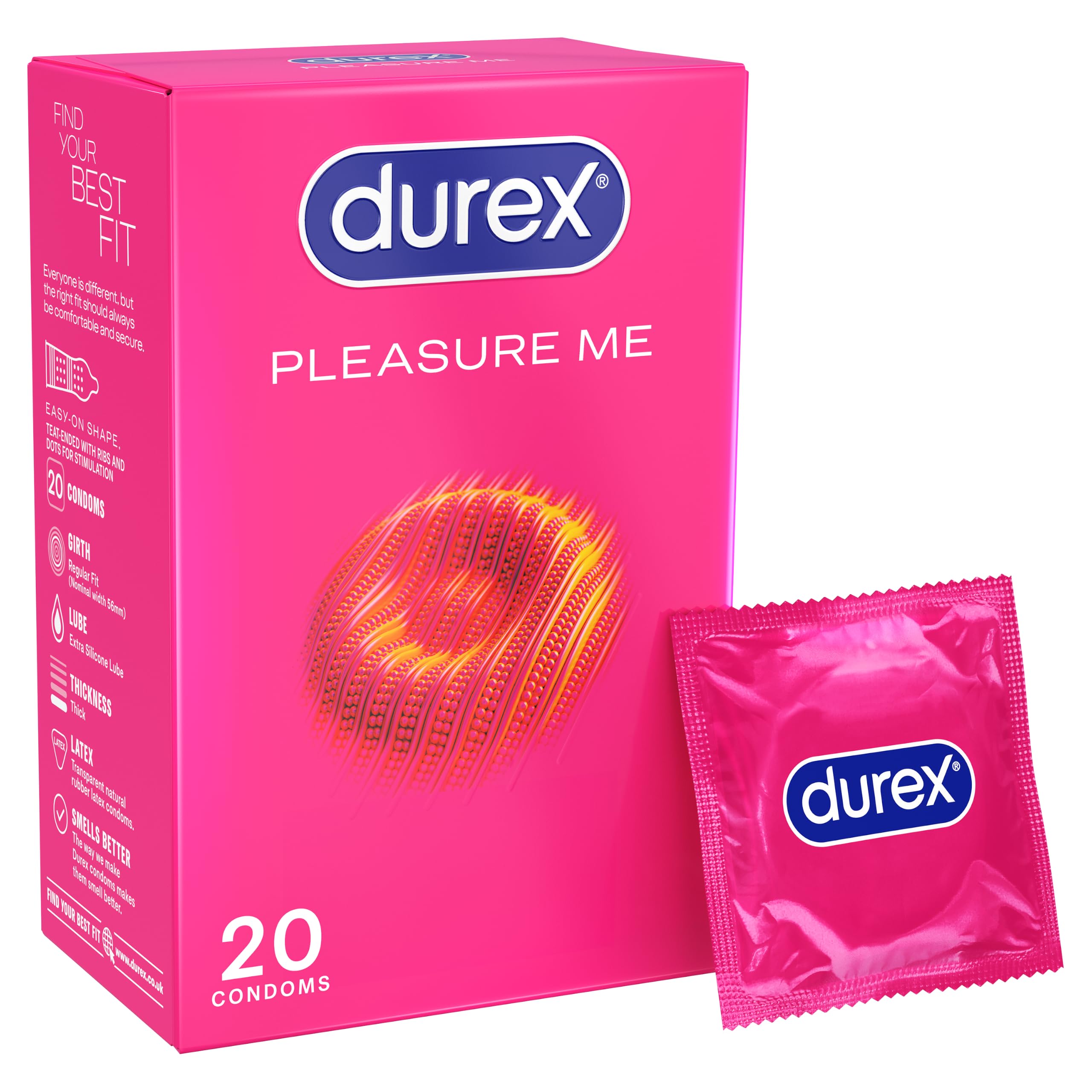 Durex Pleasure Me, 20 Condoms, Ribbed & Dotted, Regular Fit, Pre Lubricated