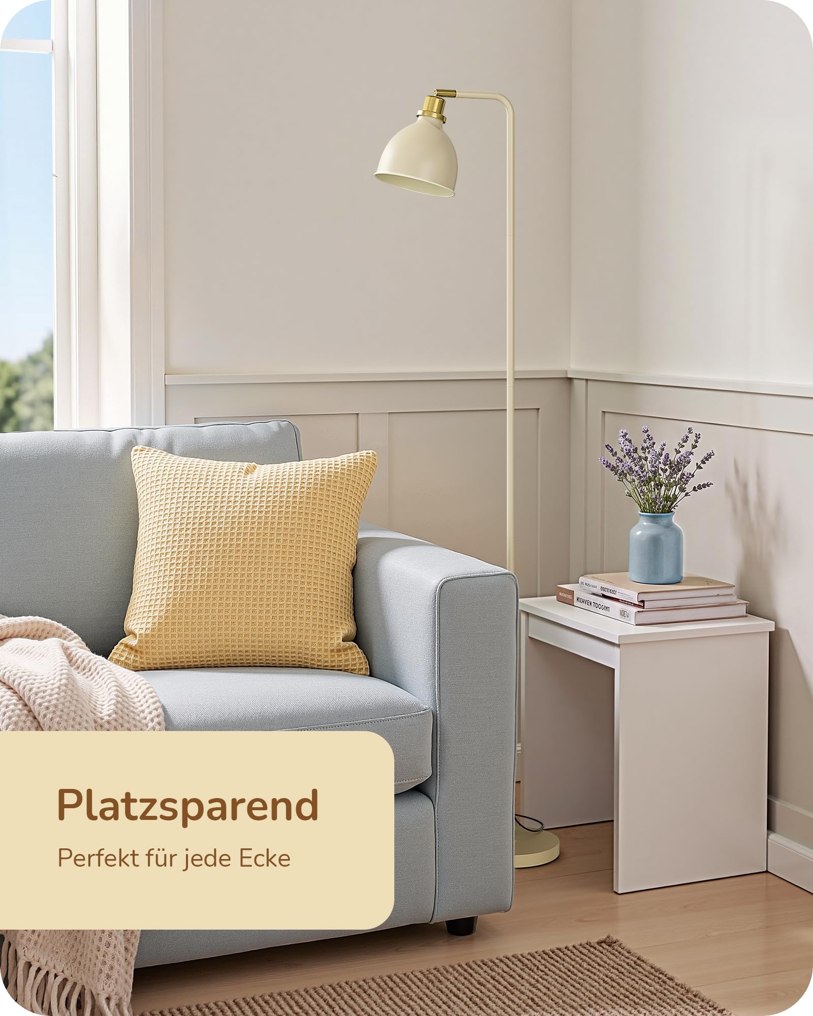 EDISHINE Stehlampe Industriell, Verstellbarer Kopf, Inkl. LED, Cremeweiß | mit Metall-Lampenschirm, E27-Fassung, 2700 K Warmweiß, Leselampe für Wohnzimmer, Schlafzimmer & Büro, 155 cm