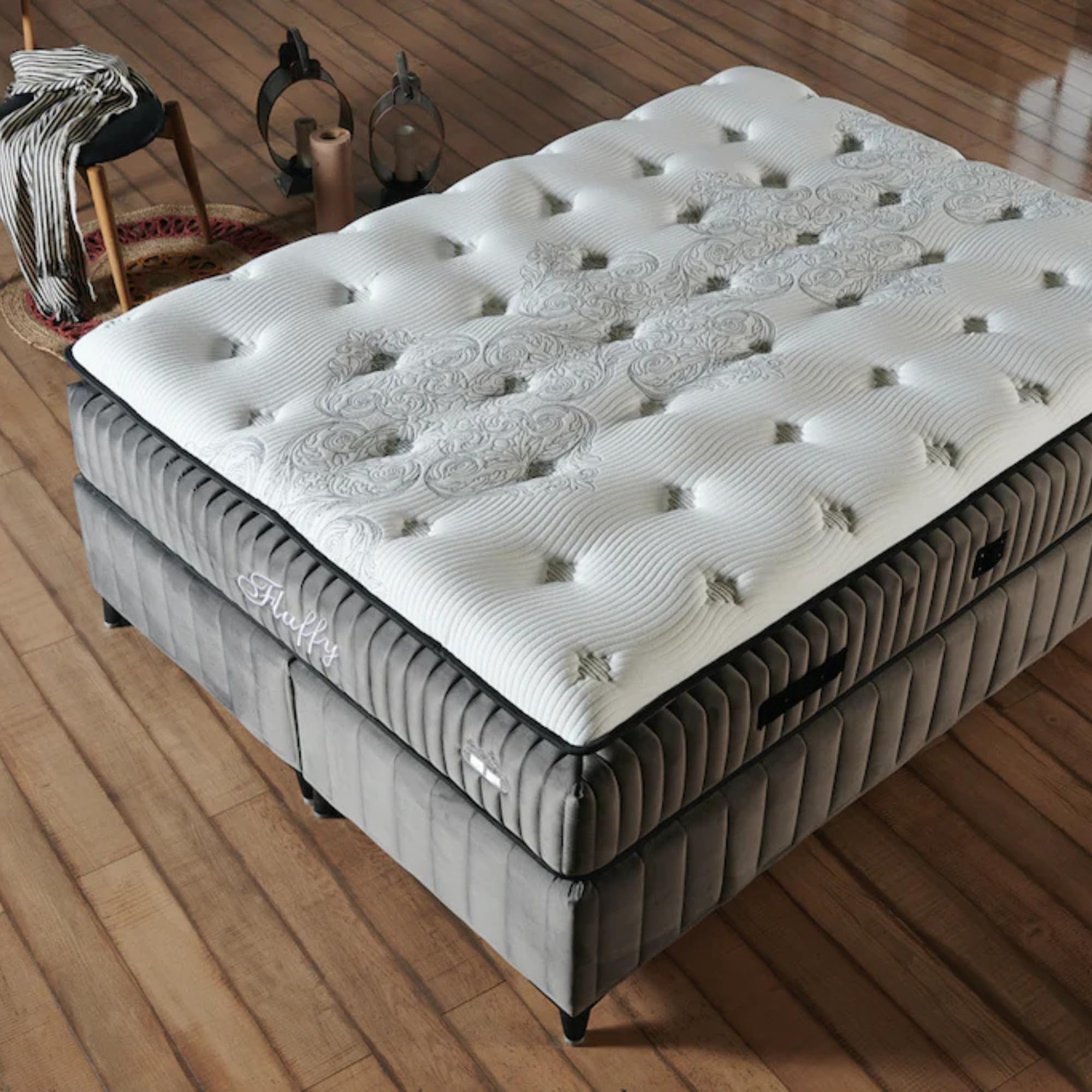 Fluffy Boxspringbett 180x200 cm mit Matratze & Bettkasten | Bett mit Stauraum - Komplettset mit 7-Zonen Orthopädischer Matratze mit Topper – Allergenfrei, Atmungsaktiv | Liegehöhe 67 cm (Grau)