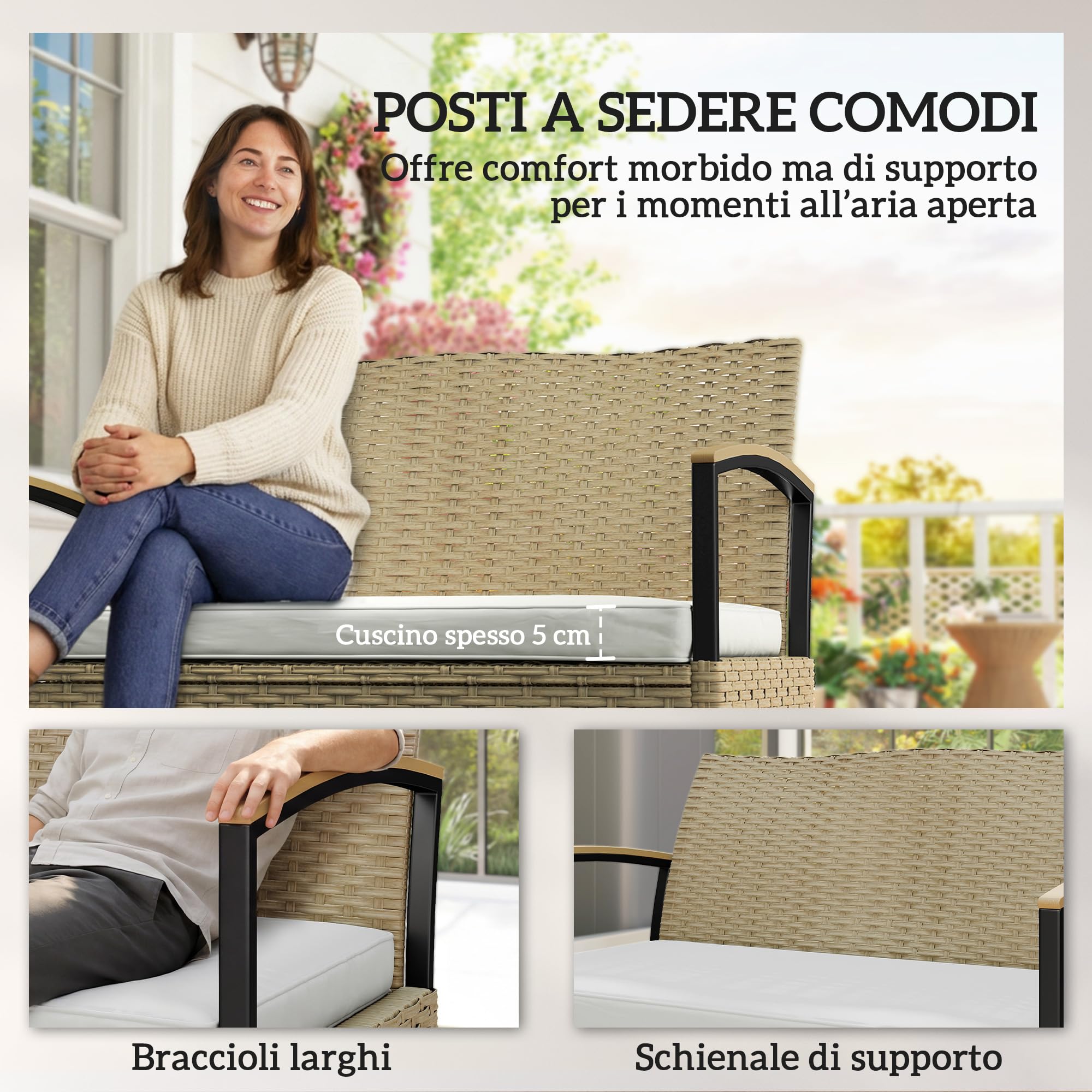 Outsunny Baule da Esterno, Panca Contenitore da Giardino 125L, Divanetto 2 Posti in Rattan PE con Cuscino Imbottito, Struttura in Metallo per Patio, Giardino e Balcone, Cachi