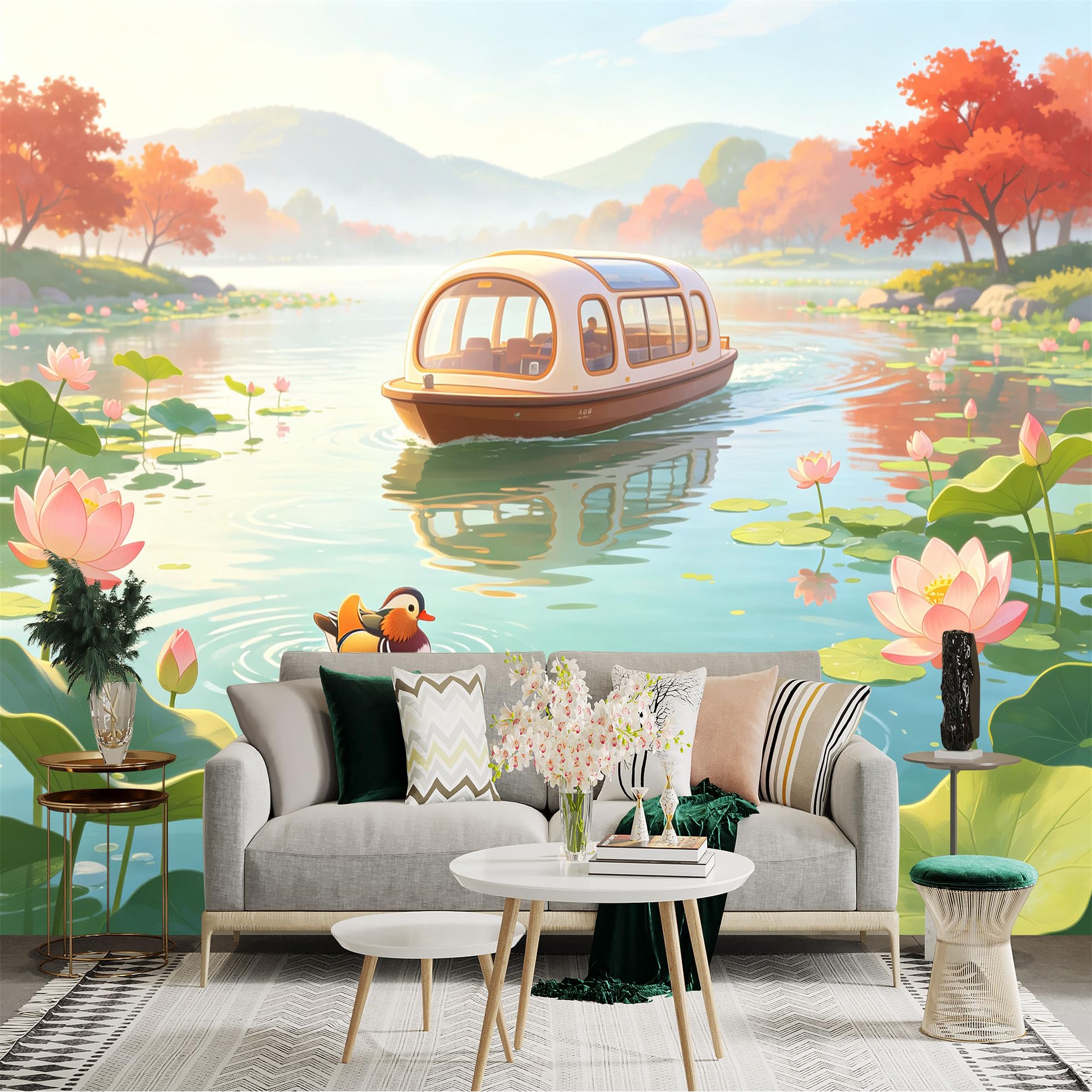 Custom Size Wall Sticker Mural， Scenic River Boat Trip， Blooming Lotus Flowers， Peaceful Waterfowl Pond， Tranquil Nature Landscape， for wall Decoration， peelandstick wall Decals.