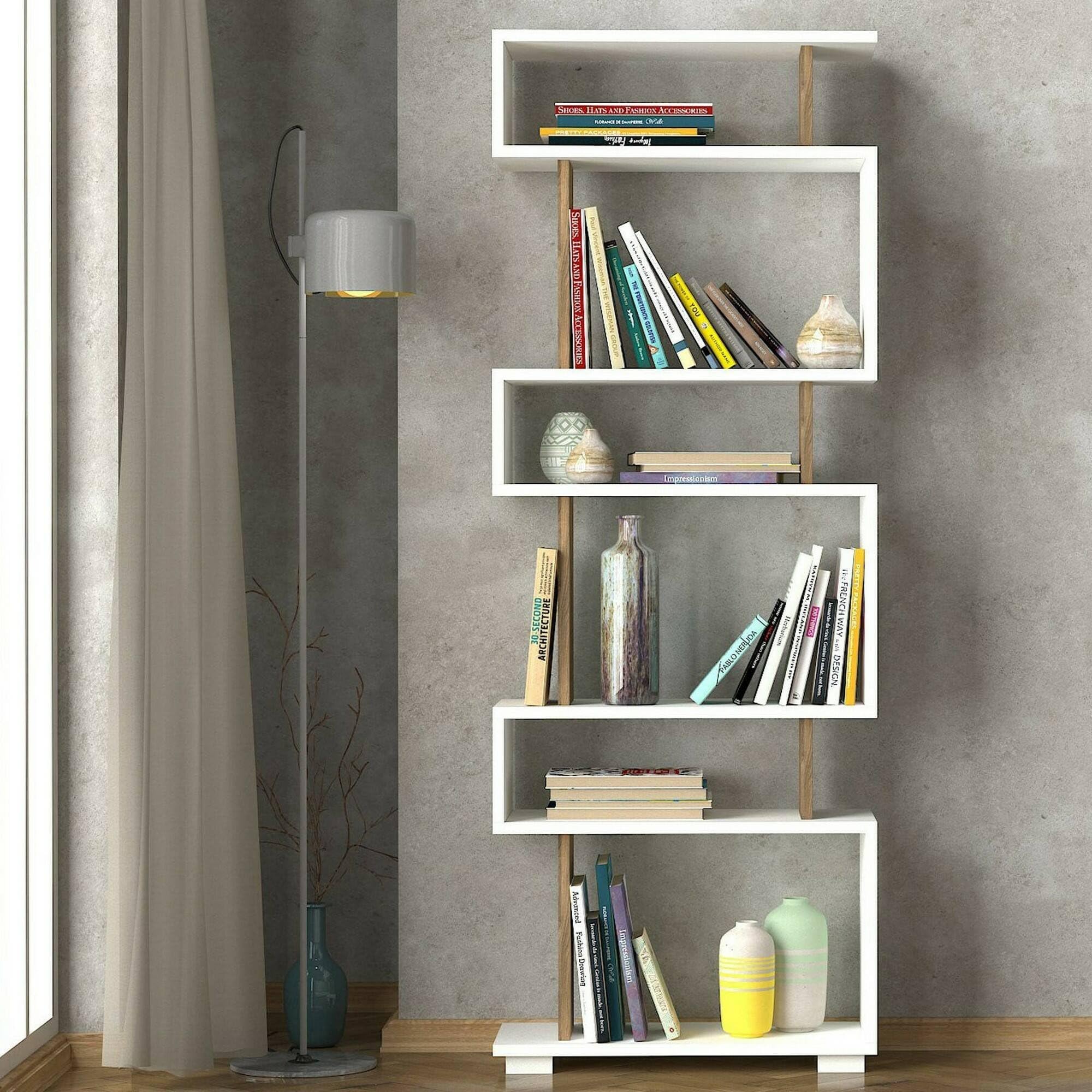 Dmora - Libreria Panopea, Scaffale da ufficio, Mobile portalibri, Biblioteca, 60x20h165 cm, Bianco e Noce