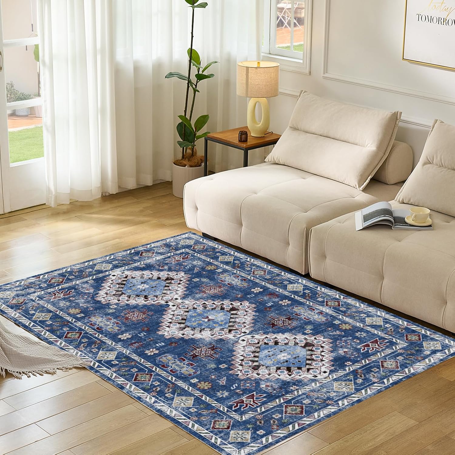 CWK Boho Washable 5x7 Area Rugs,Non-Slip Floor Carpet,Non-Shedding Floor Mat,Low Pile Doormat Soft Vintage Rug for Living Room Bedroom Dinning Room Laundry Home Office,Blue/Multi