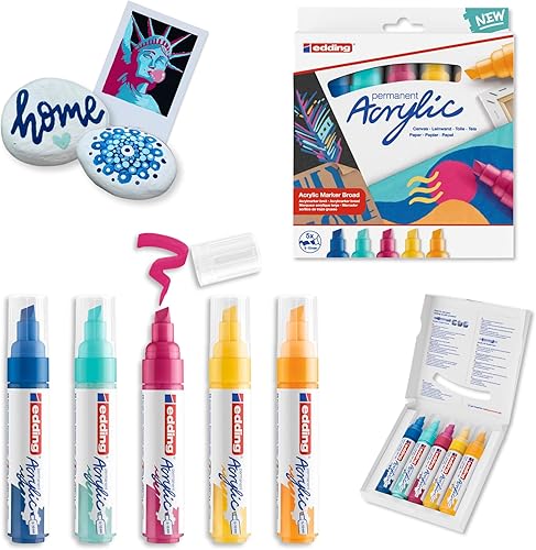 edding 5000 Broad-Multi-Coloured 5-Pack (Abstract) -0.197-0.394 in - Pintura de punta cincel sobre lienzo, marcador acrílico de madera impermeable,