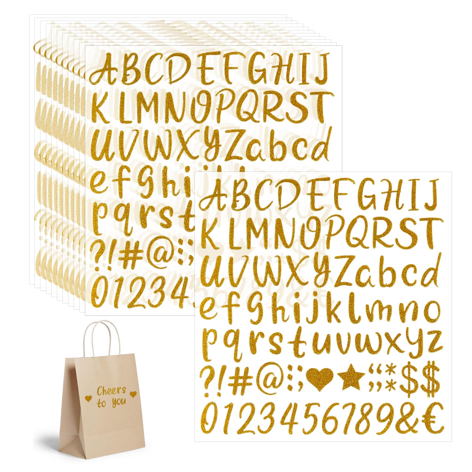 Aihoom 12 Sheets Gold Letter Stickers Glitter Number Stickers, Self-Adhesive Alphabet Decals, Sticky Letters for Crafts, Glitter Stickers for Scrapbooking, DIY Cards, Decor, Party & School Projects