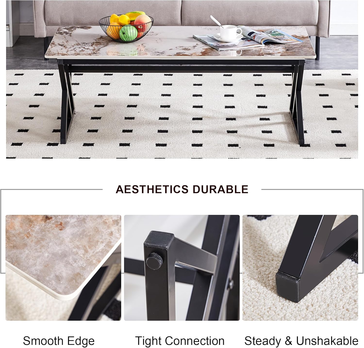 Mid-Century Modern Coffee Table Sintered Stone Rectangular Accent Center Tables Tea Table for Living Rooms, Bedrooms (Style 2, Marble Black)