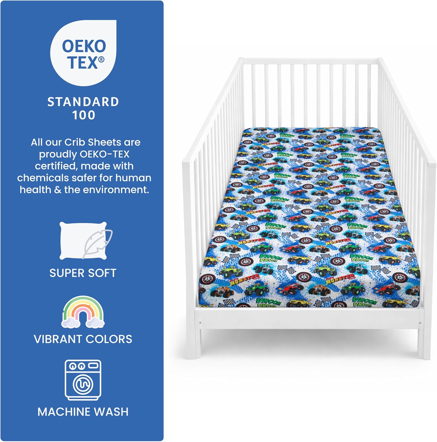 Today's Kids 1-Pack Monster Trucks Fitted Baby Crib Sheet Boy - Soft & Breathable Printed Nursery Toddler Bed Sheets for Boys, Elastic Edge with Deep Pockets, Machine Washable, Fits 28" x 52" Mattress