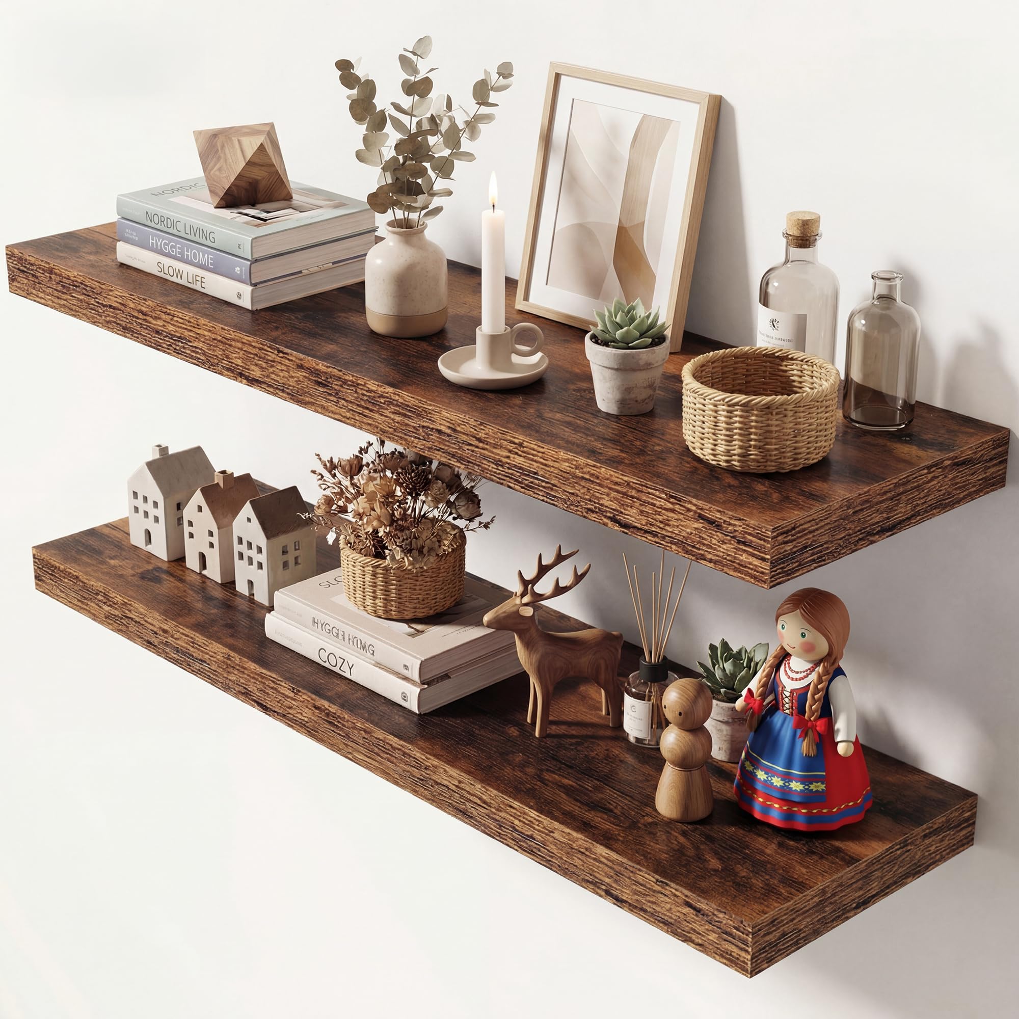 Dreamland 40 Inches Floating Shelves for Wall, 9.3" Deep Long Floating Shelves Set of 2, Large Display &amp; Storage Shelf, Wall Shelf for Bathroom Bedroom Living Room Kitchen Office, Rustic Brown