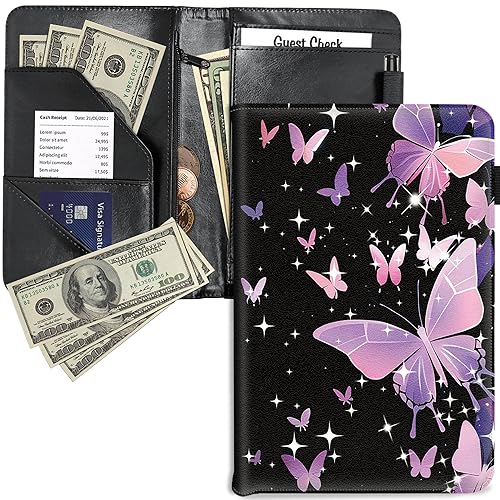 RYUITHDJP Libreta para mesera, libros de camarera con bolsillo con cremallera, diseño de mariposas, color morado, organizador de libros de servir,