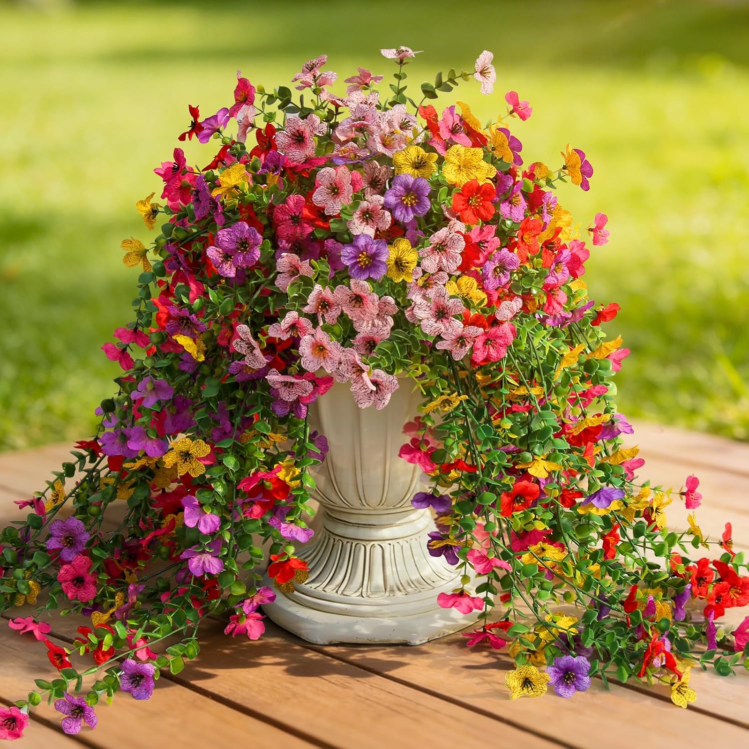 Artificial Fake Hanging Flowers Plants for Outdoors Indoor Spring Decoration Fake Plants Outside, 4 PCS Faux Silk Daisy Flowers, Garden Home Yard Porch Patio Balcony, Realistic UV Resistant