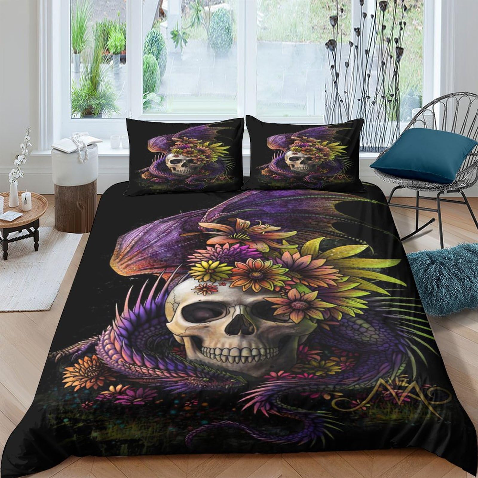 Ctjqhvkz Style-2 3D Printed Skull Flower Fitted Sheet Microfiber Soft Gothic Purple Snake Bed Cover For Bedroom Guest Room Decor Single（135X200cm）
