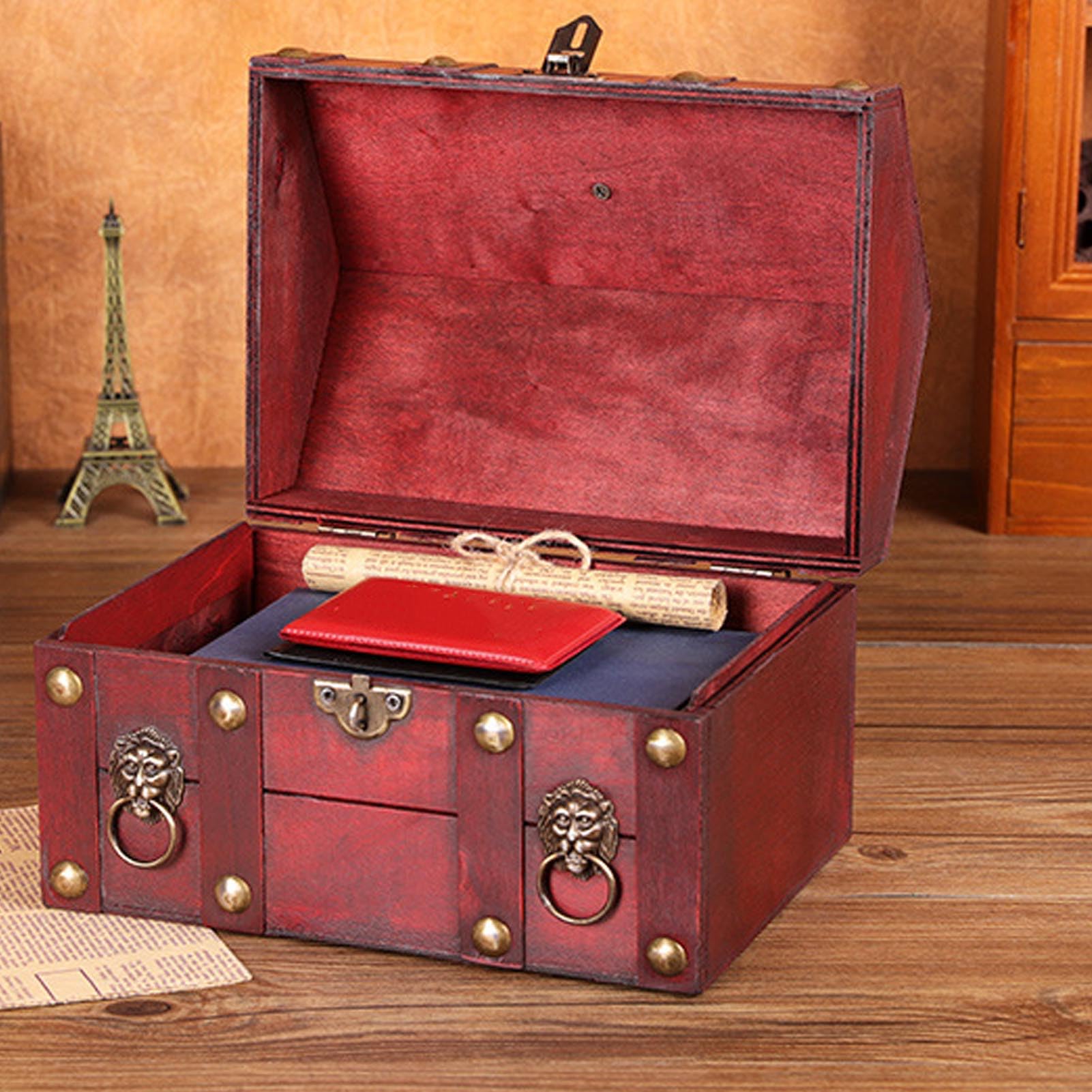 Drewniane pudełko do przechowywania biżuterii w stylu vintage, dekoracyjny organizer na biżuterię z pokrywą na zawiasach i zamkiem na hasło (6300J-01GK10 retro czerwony)