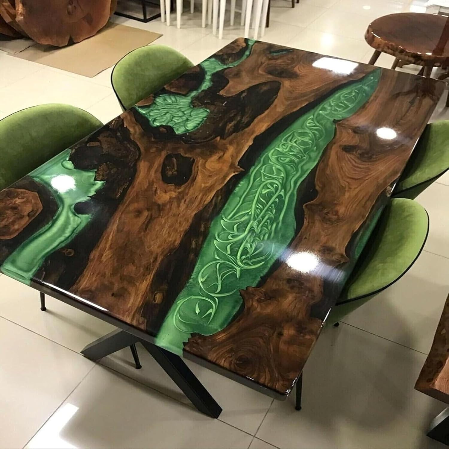 Customized Large Epoxy Table – Green River Clear Resin Dining Table for 2, 4, 6, 8 – Handmade Epoxy Coffee Table – Living Room & Home Décor Furniture