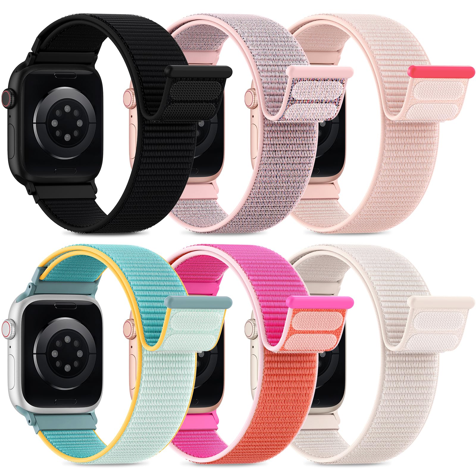 AMSKY 6 Pack Sport Nylon Loop Bands Compatible with Apple Watch Band 40mm 41mm 38mm 42mm 44mm 45mm 46mm 49mm for Women Men,Stretchy Vel-Cro Straps for iWatch Series 10 9 8 7 6 5 4 3 2 1 SE Ultra