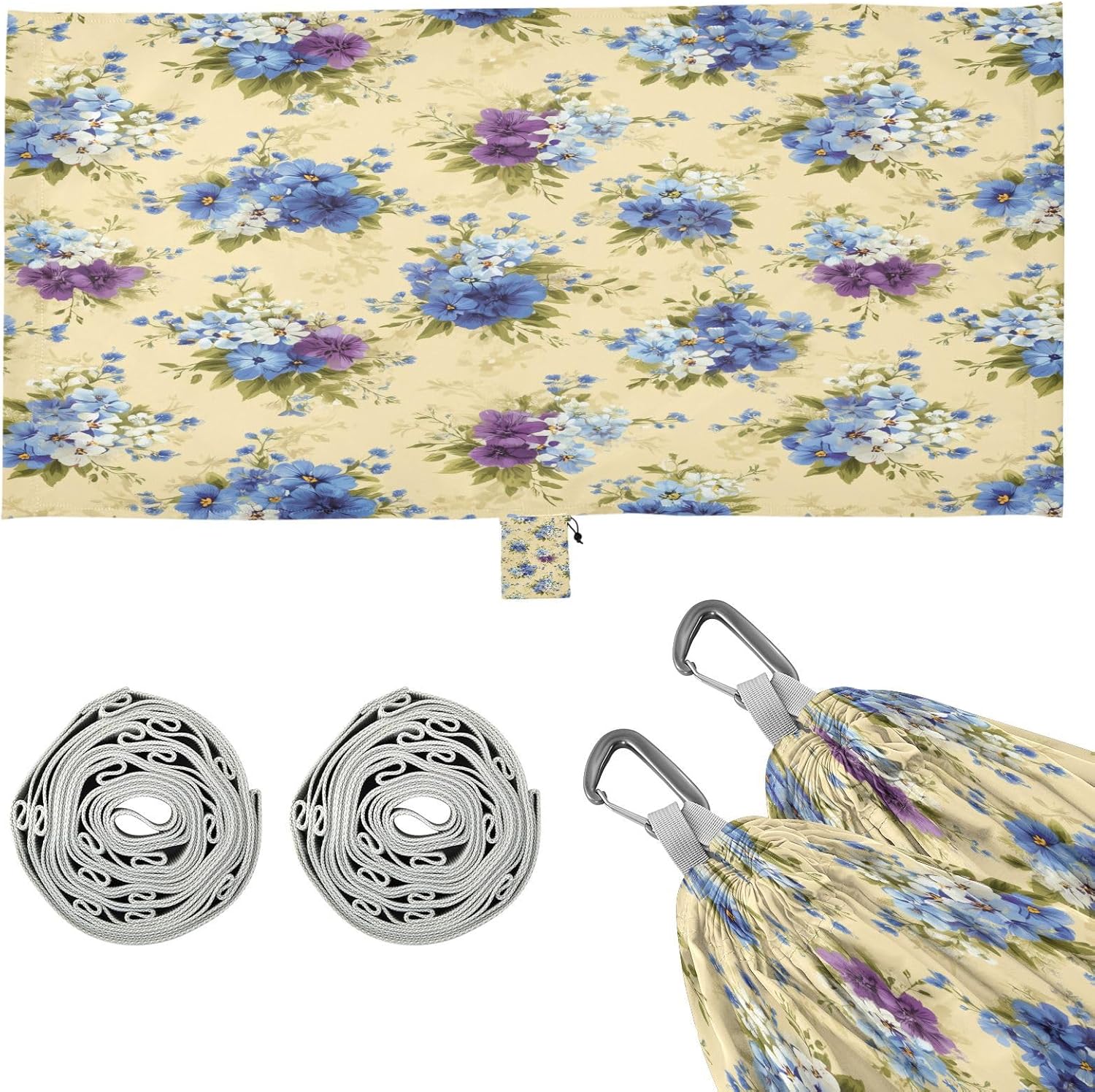 Yellow Background Blue Flower Camping Hammock Single Portable Hammocks 330 lbs Capacity with 2 Tree Straps and Attached Carry Bag,Perfect for Outdoor,Indoor,Beach,Camping,Travel