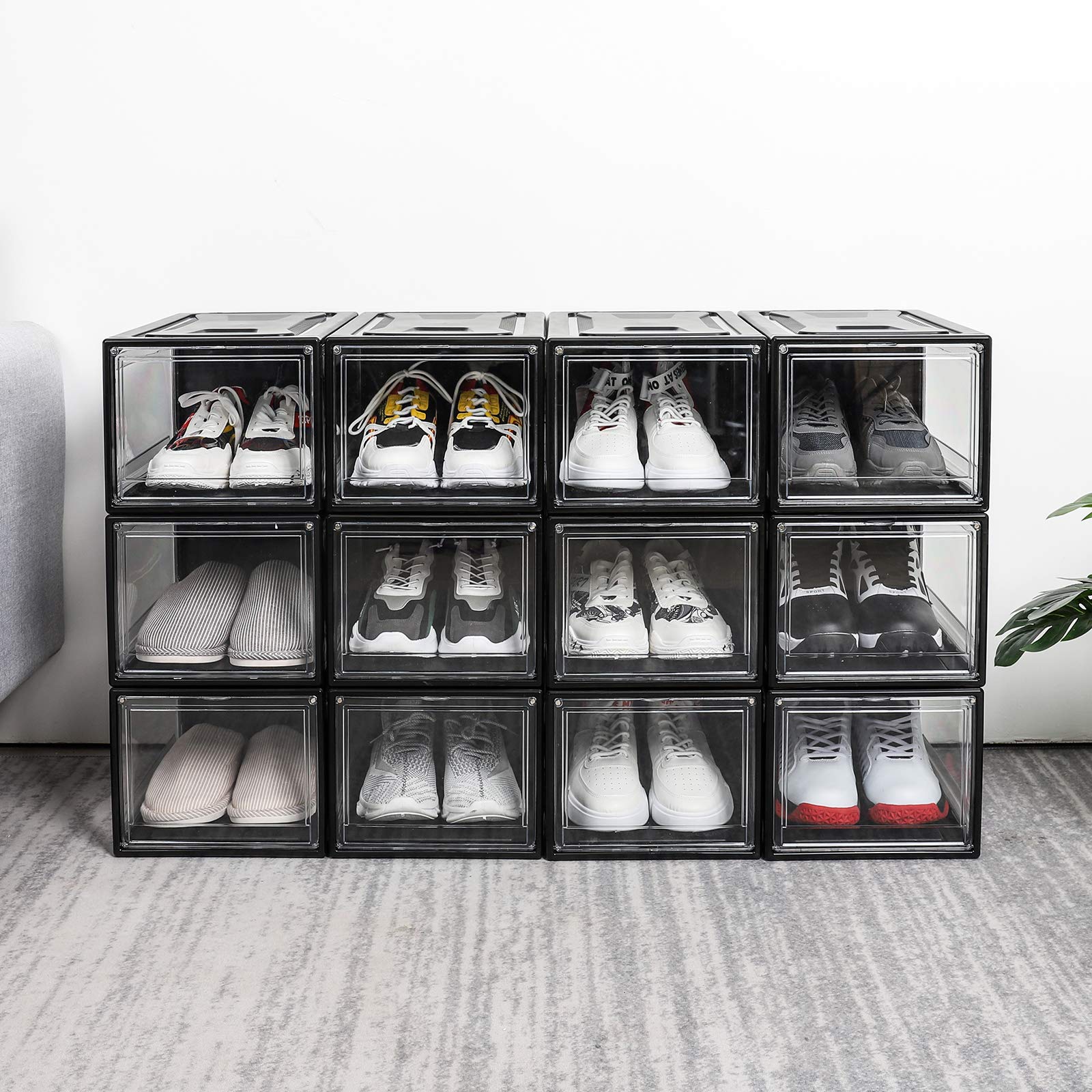 Yorbay Schuhbox, 3er Set, stapelbarer Schuhorganizer, Kunststoffbox mit durchsichtiger Tür, Schuhaufbewahrung, für Schuhe bis Größe 48, Super transparent schwarz