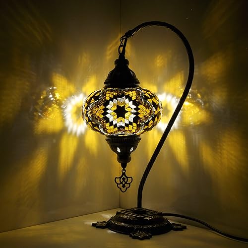 Miniatura 3 de 5 Variotion Mosland Home Turkish Lamp Mosaic Table Lamps Turkish Moroccan Lamp with Bronze Base Handmade Swan Neck Tiffany Night Lamp Mosaic