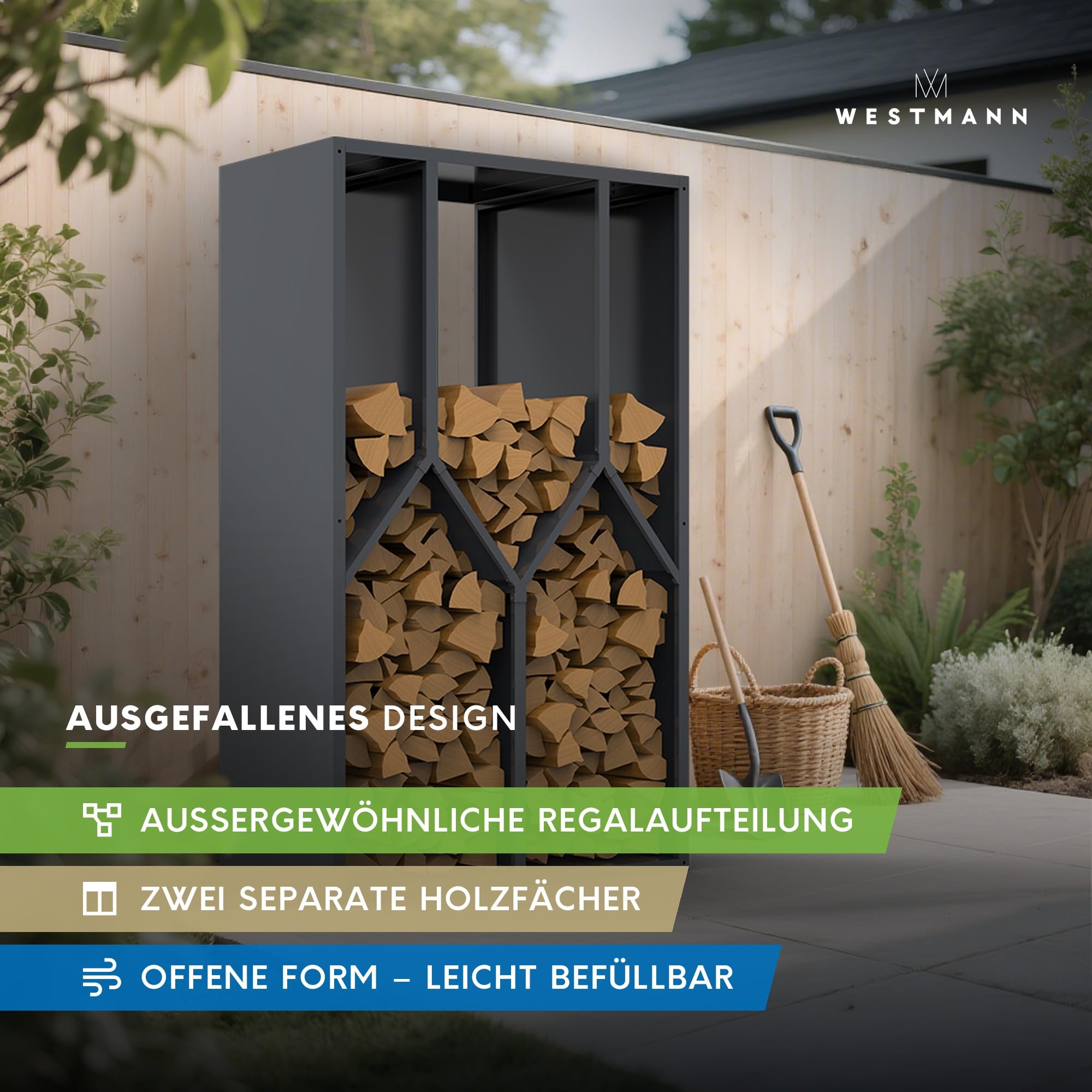 WESTMANN Castra B Kaminholzregal Metall für Innen und Außen 95x50x160 cm
