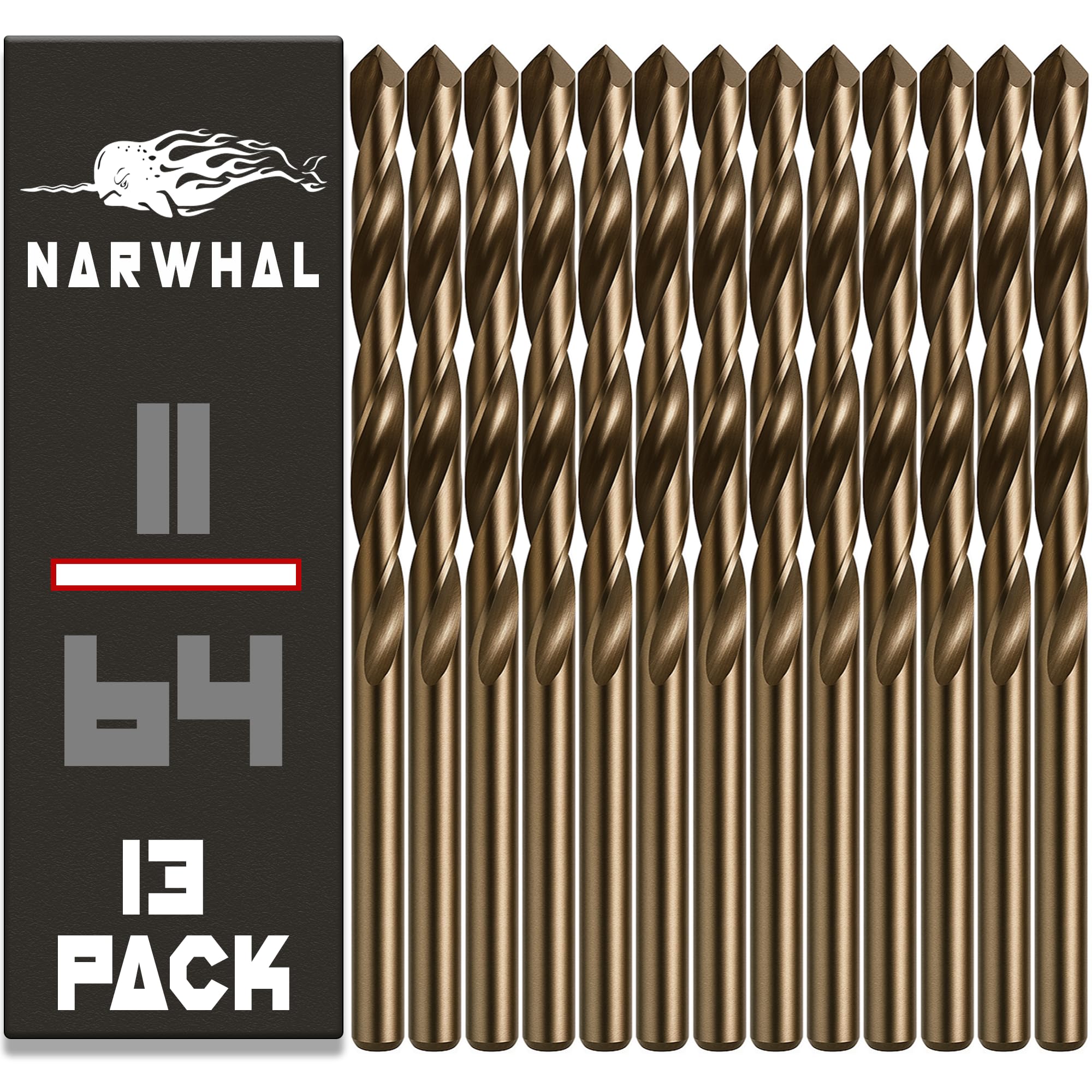 Narwhal 11/64 Inch Cobalt Drill Bits (13 Pack - Industrial Grade M35 Cobalt) 3.15" Length & 135 Degree Split Point for Drilling Into Metal, Hardened &
