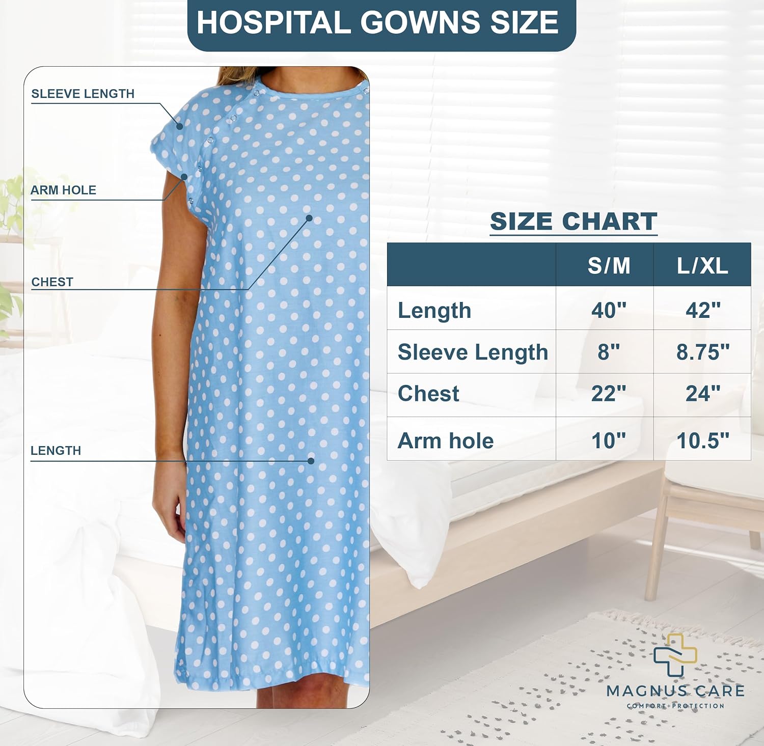 Hospital Gown for Women Labor & Delivery, 100% Cotton Easy Snap Back Closure, Shoulder Snap Polkadot Patient Gown