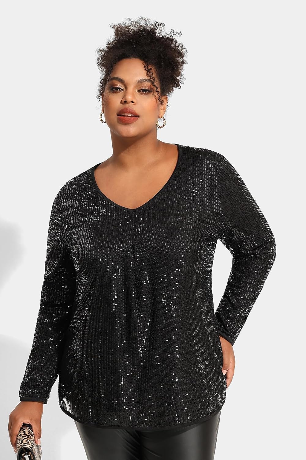 TIYOMI Plus Size Tops for Women Long Sleeve Sequins Party Tunic V Neck Casual Shirt Pleated Front Blouse Spring Winter XL-5XL - Image 4