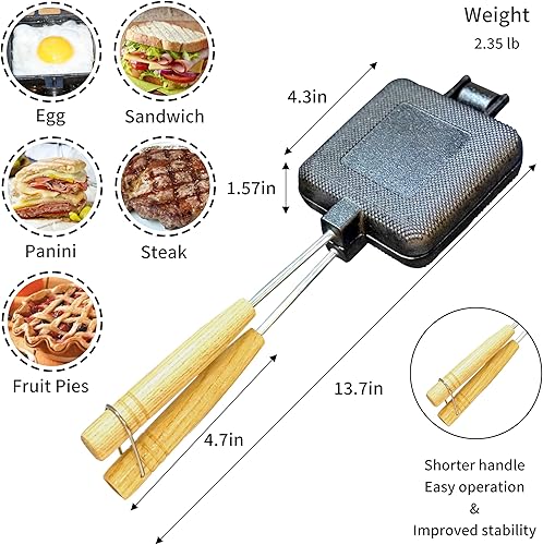 Miniatura 4 de MiniSnack - Prensa para hacer pasteles de hierro fundido para acampar y estufa, mini sartén doble para carne y más con bolsa de almacenamiento y