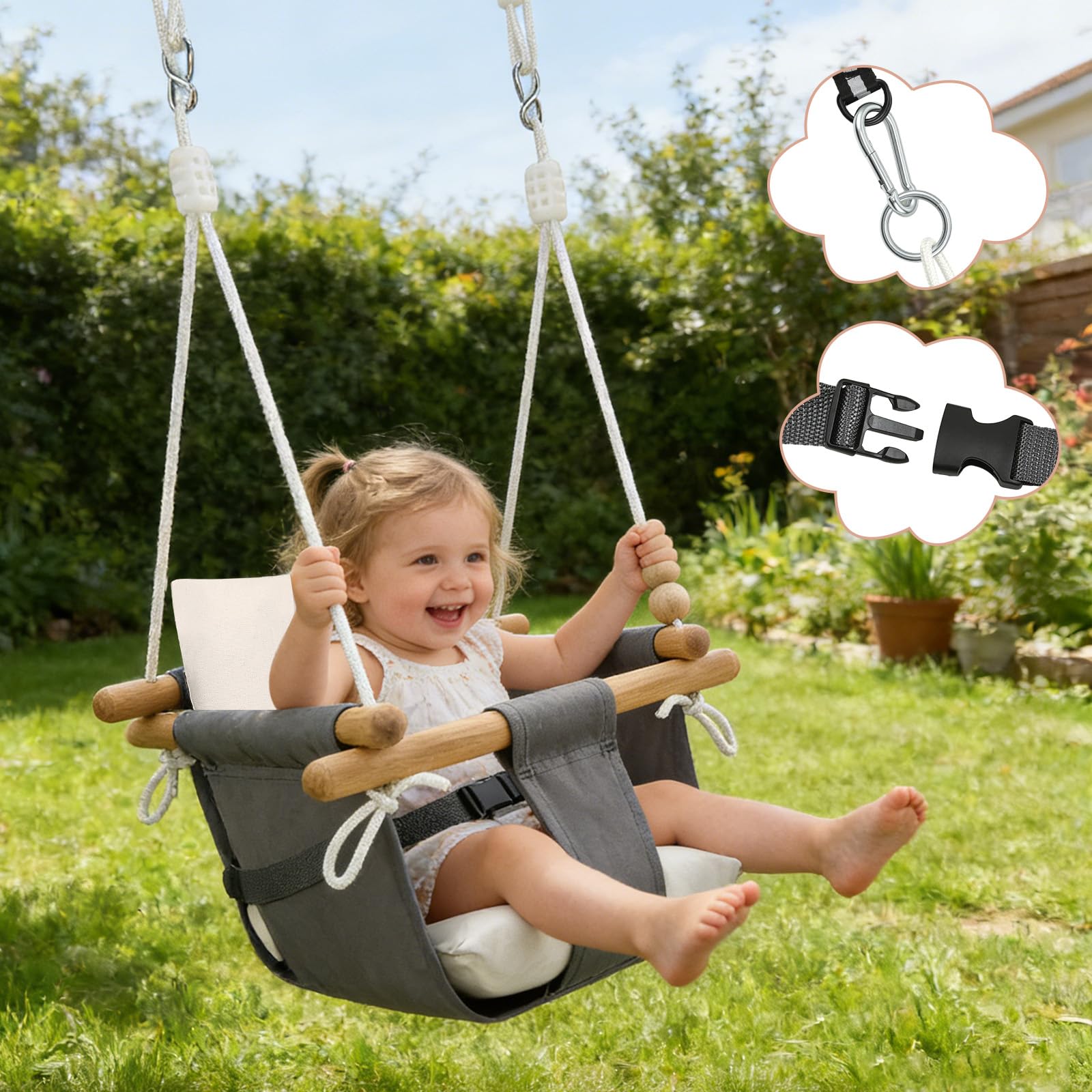 Altalena per bambini a partire dai 6 mesi e dai 3 anni in su, set completo con sospensione per interni ed esterni (2)
