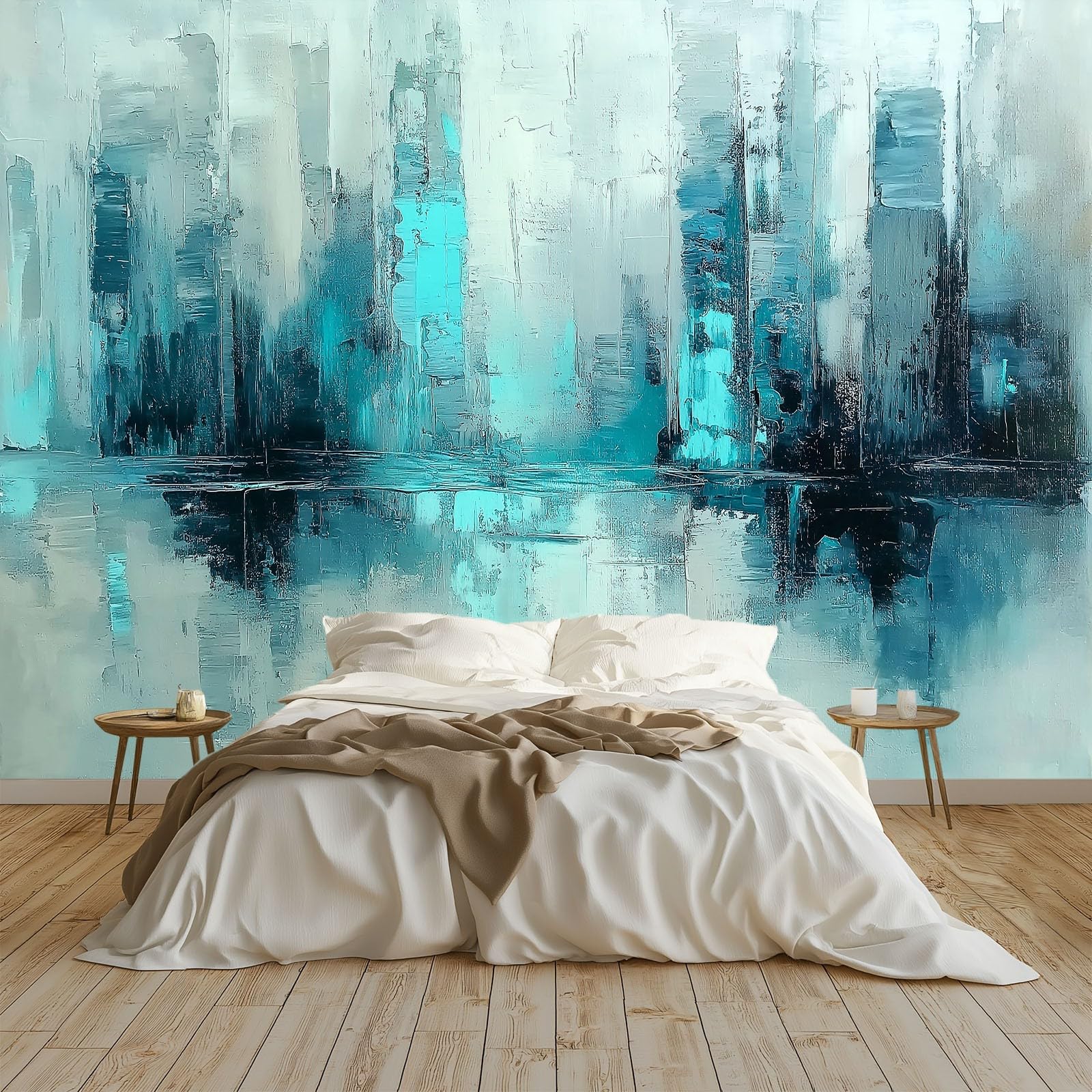 Peinture abstraite de la ville en papier peint bleu panoramique pour grand mur de salon