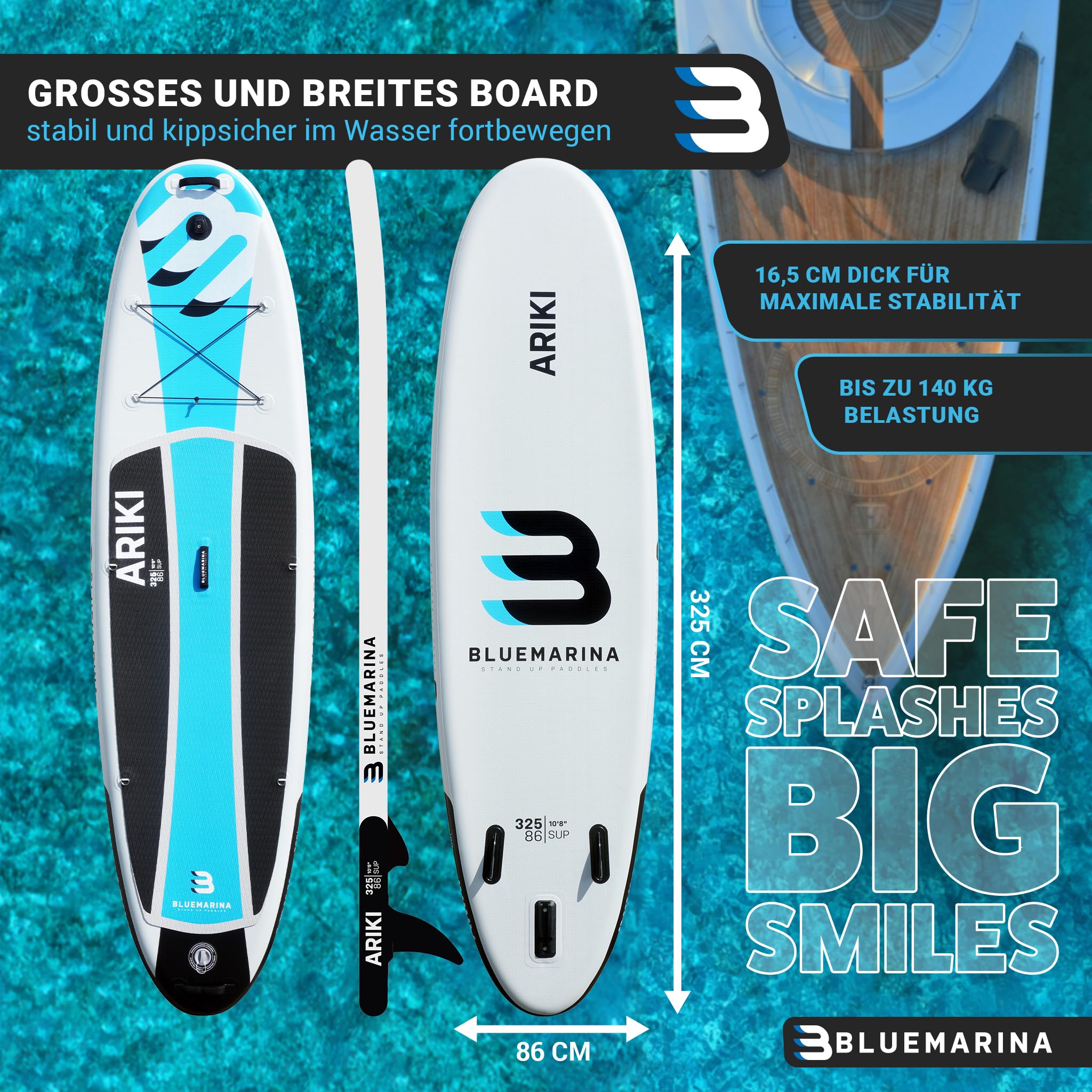 Bluemarina Stand Up Paddling Board Ariki | SUP - 𝟓 𝐉𝐀𝐇𝐑𝐄 𝐆𝐀𝐑𝐀𝐍𝐓𝐈𝐄 - SUP Board - Stand Up Paddle - Standup Paddle Board - Surfbrett | 305x76x13,5cm | 325x86x16,5cm