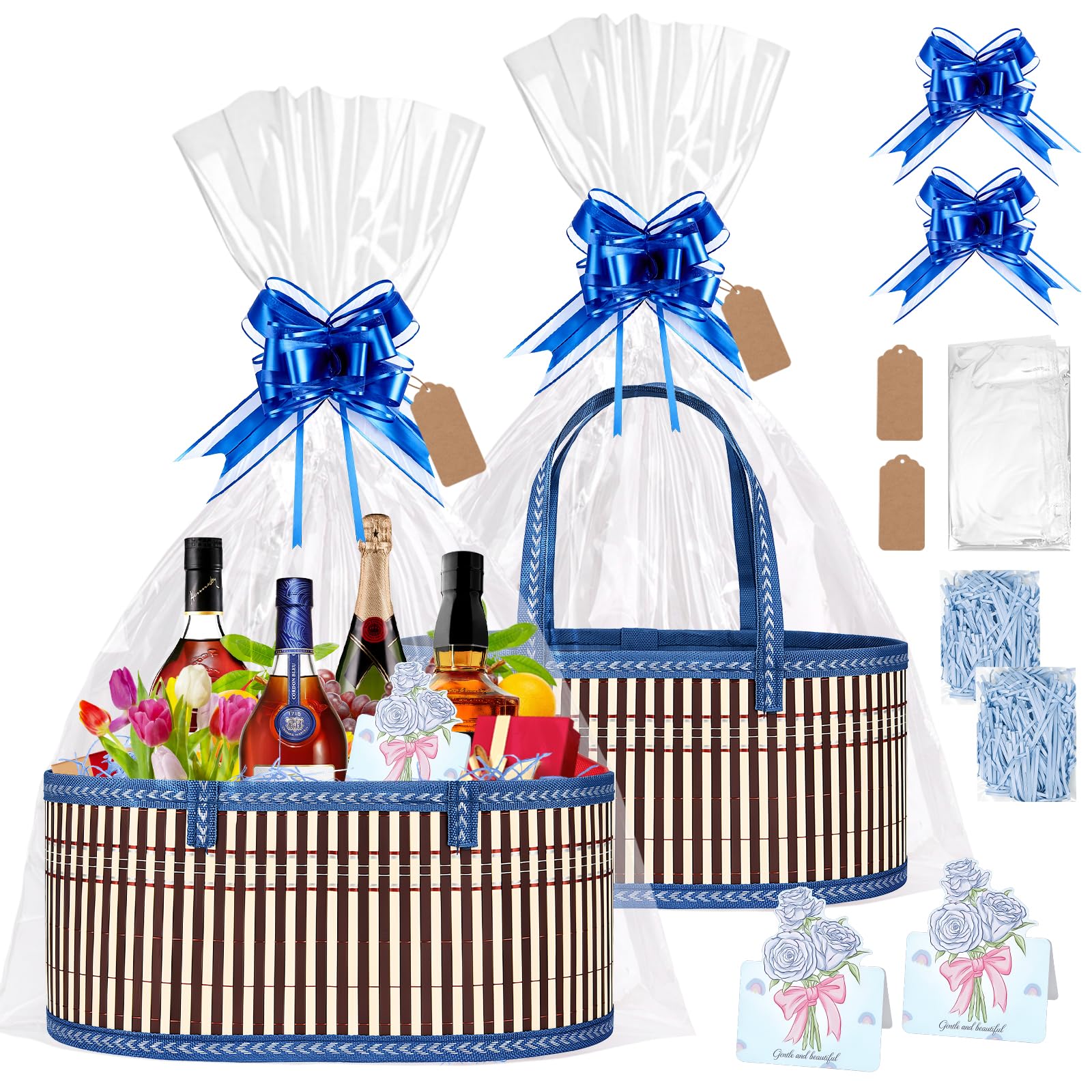 Dreamtop 2 Set Empty Hamper Baskets, 35x23x15cm Woven Bamboo Gift Basket Hamper Kit with Handles, Blue Sturdy Hamper Baskets for Gifts Empty to Fill for Christmas Birthday Baby Shower Wedding Gift