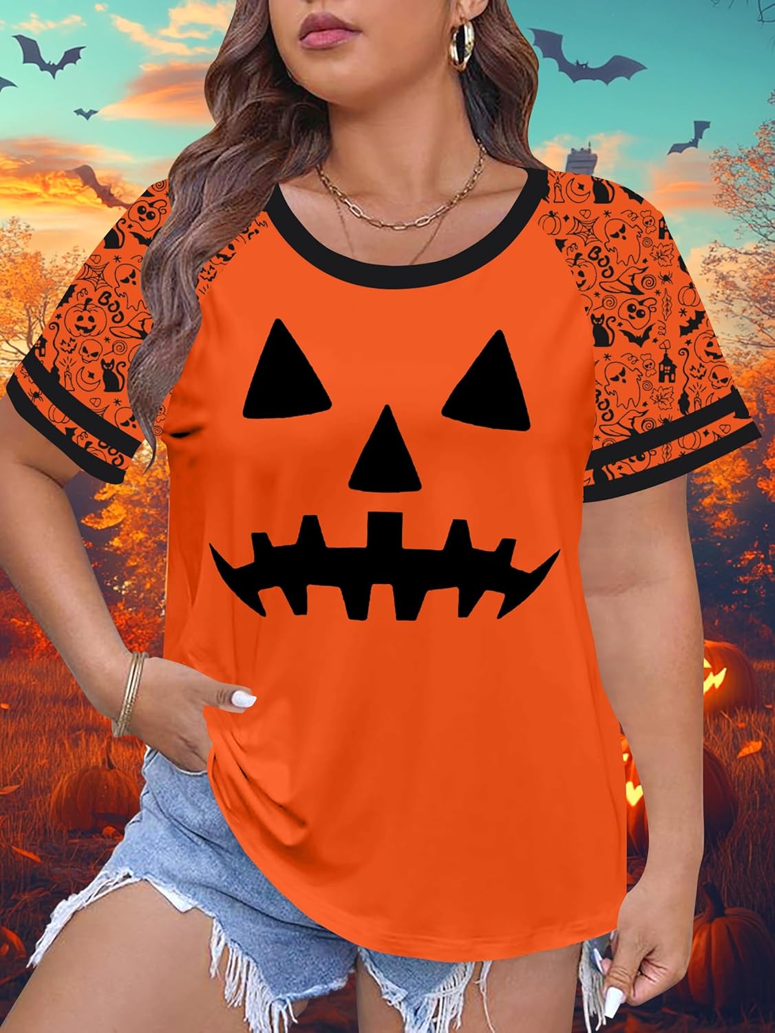 Plus Size Halloween Shirts for Women Pumpkin Graphic Tshirt Fall Casual Short Sleeve Tee Tops - Image 2