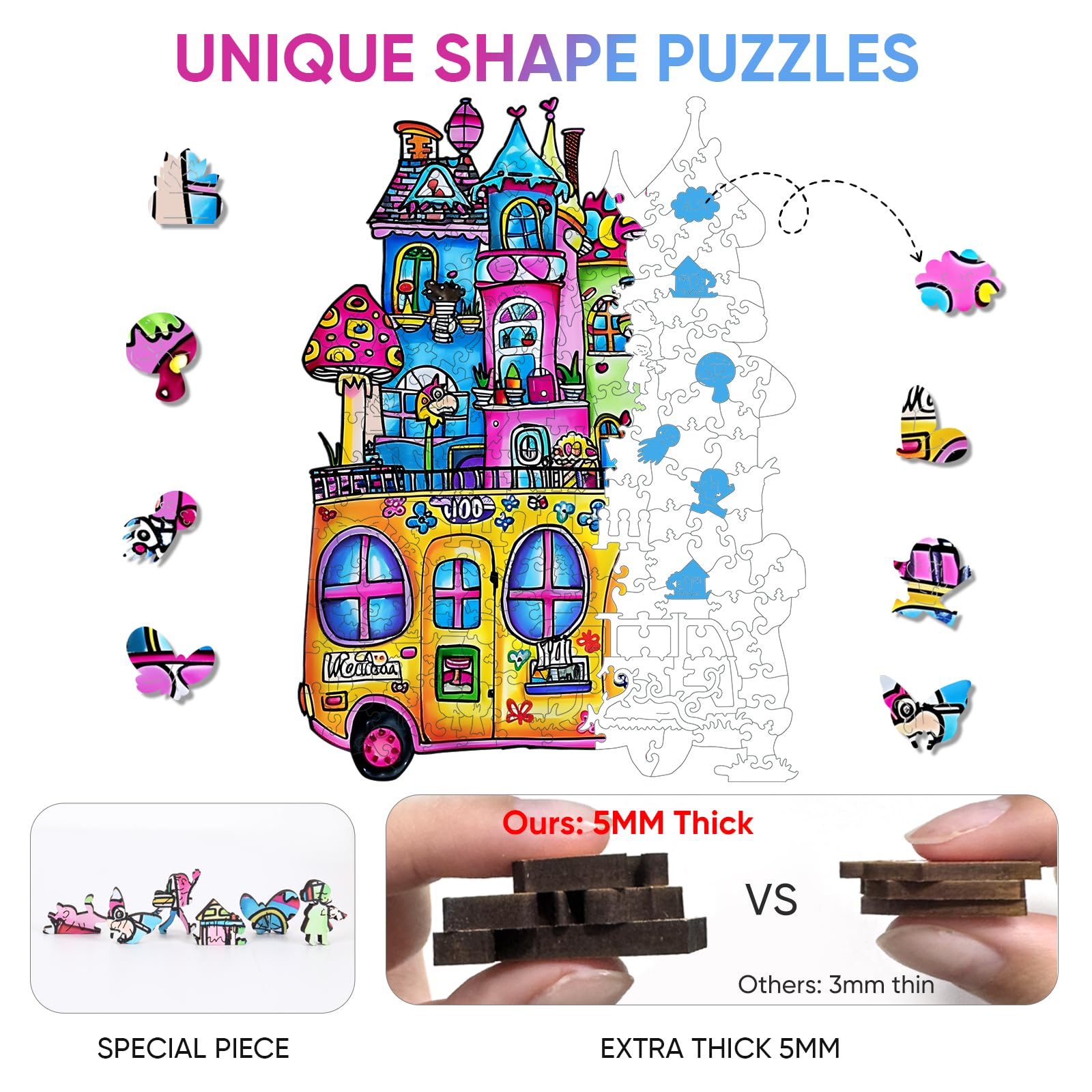 delobil Casse-tête en bois pour adultes, puzzle de voiture de 500 pièces, forme unique de bus scolaire pour adultes et enfants, casse-tête amusant pour la maison, cadeau de famille, 58,1 x 33,2 cm