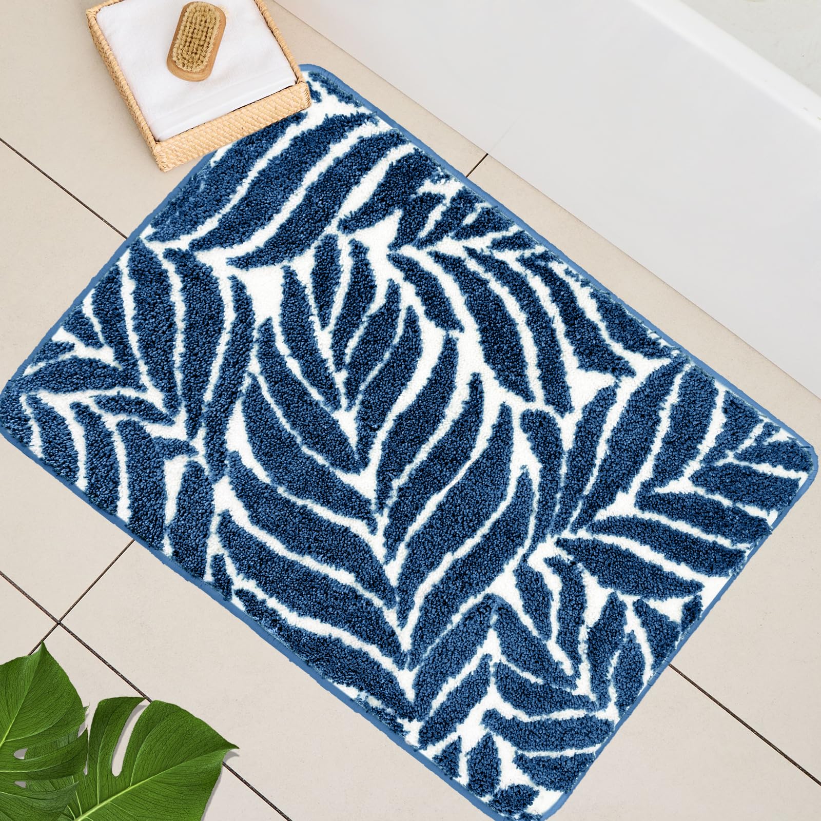 Homantic Dark Blue Leaf Bath Mat