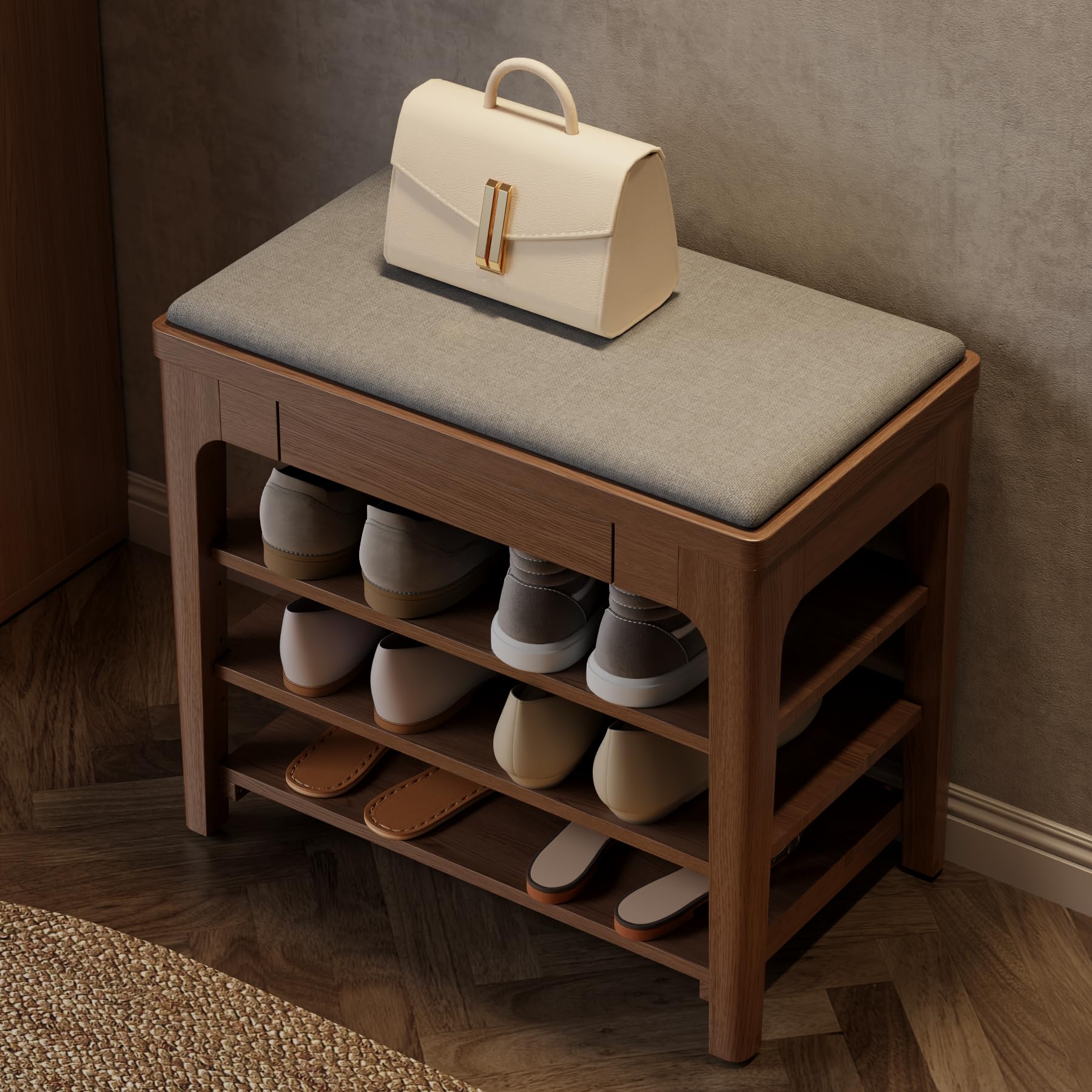 Small Shoe Bench with Storage, Wooden Shoe Storage Bench with Cushion&Hidden Drawer, 3-Tier Shoe Rack Bench for Entryway, Mudroom, Hallway 23.6''