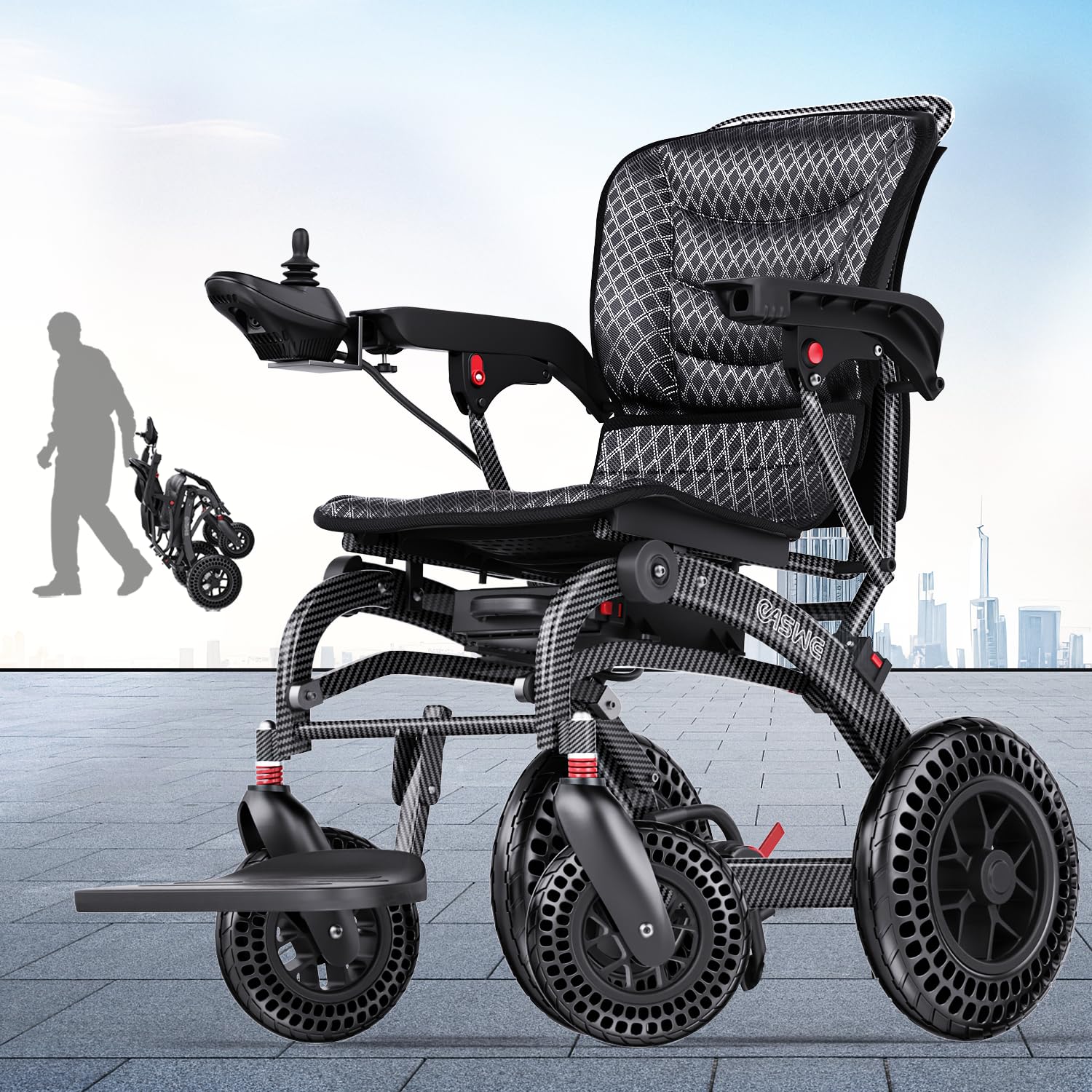 Fauteuil Roulant Électrique Pliable Ultra-Léger de 20 kg avec Pneus Alvéolés, Moteurs Doubles 500W, Pour Seniors et Adultes, 24AH