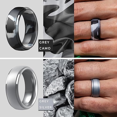 Miniatura 97 de ThunderFit Anillos de boda de silicona para hombre, 0.394 in de ancho y 0.098 in de grosor, paquete múltiple de variedad 1-7 Pack A: Negro