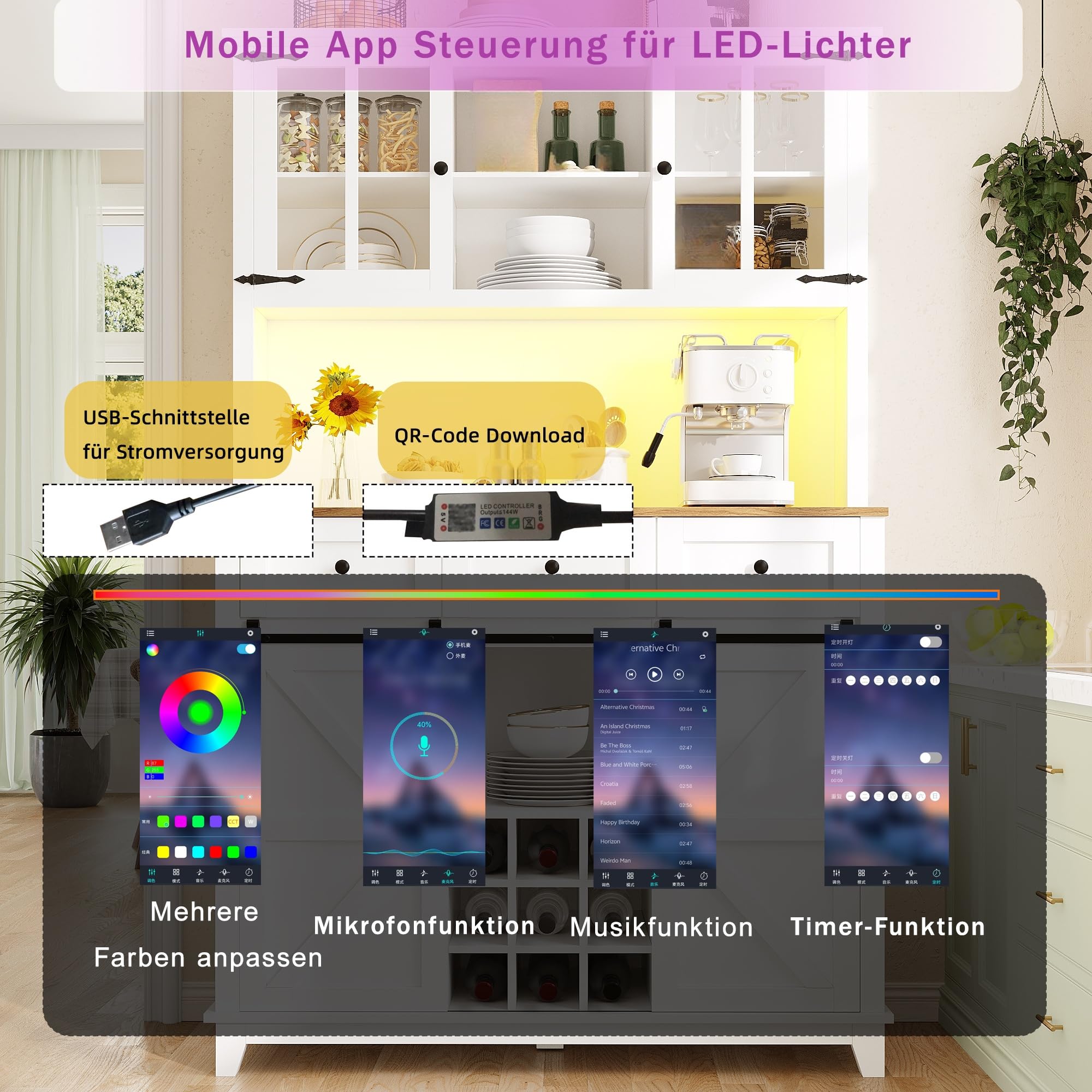 Küchenschrank mit Verstellbaren Ablagen und LED-Beleuchtung, Buffetschrank Hochschrank mit Weinregal und 3 Schubladen, Küchenschränke mit Arbeitsplatte, Küchenmöbel, Weiß, 105×38.4×180 cm