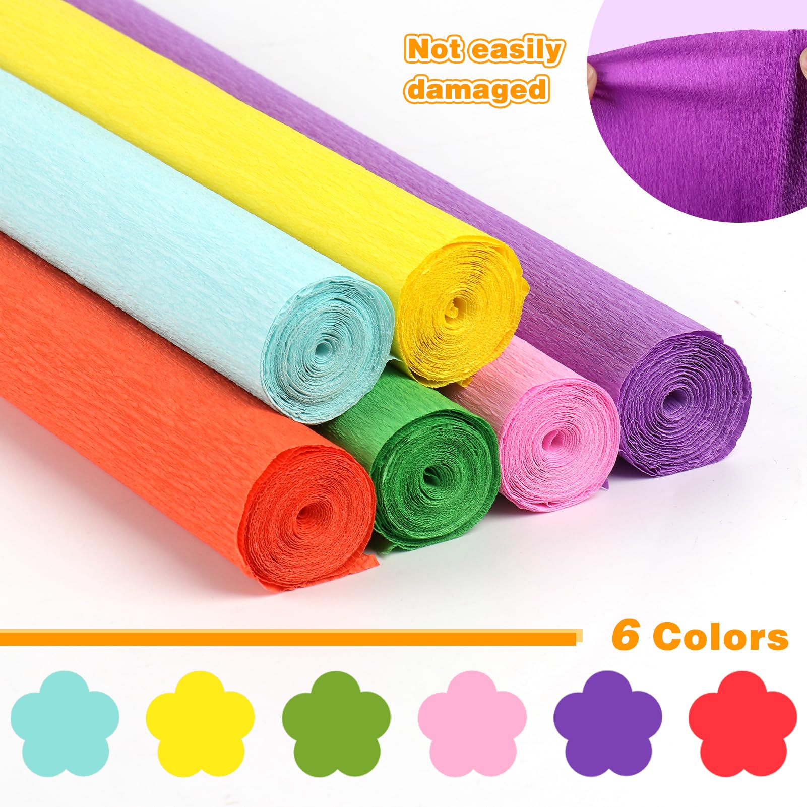Kit de 170 pièces de papier crépon, 6 couleurs, 41,9 x 249,9 cm, avec pistolet à colle, ciseaux, fil et ruban adhésif floral – Parfait pour la fabrication de fleurs en papier, les projets d'artisanat