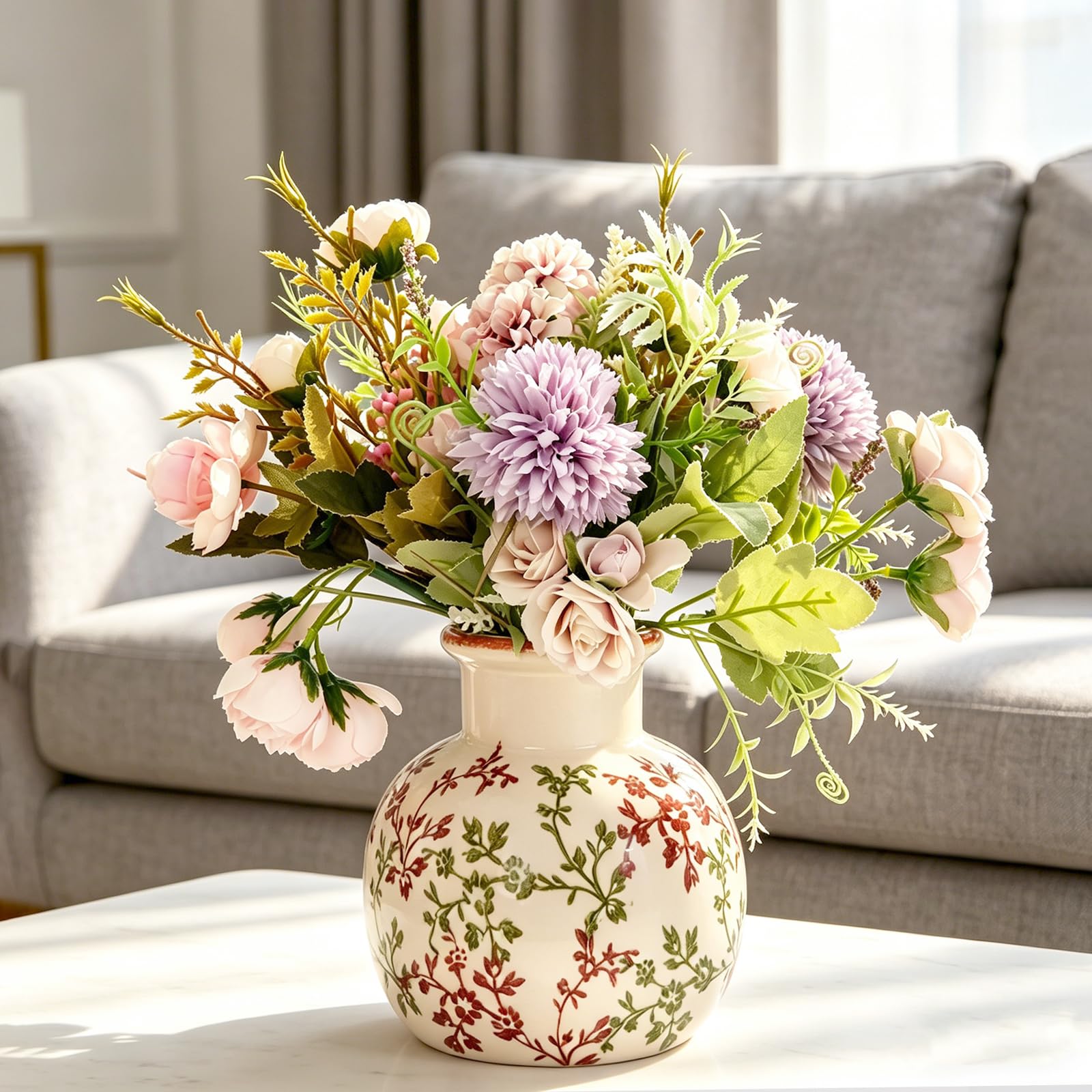 Jarrón de cerámica en estilo rústico francés, patrón de grietas de hielo antiguo con motivo de plantas pintado a mano, jarrón decorativo estilo Boho para mesa de boda, oficina y dormitorio