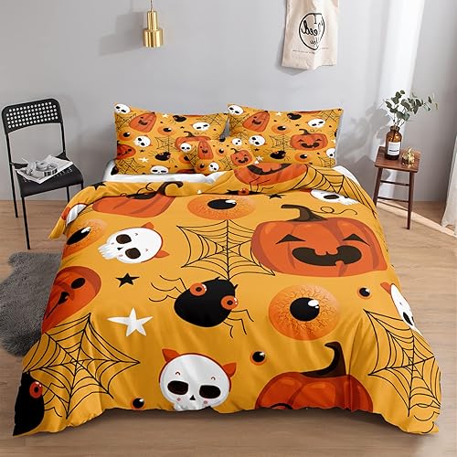Miniatura 31 de Pumpkin Bedding Halloween Duvet Cover Set Funny Evil Pumpkin Pattern Design Black Halloween Bedding Set Queen 1 Duvet Cover 2 Pillowcases