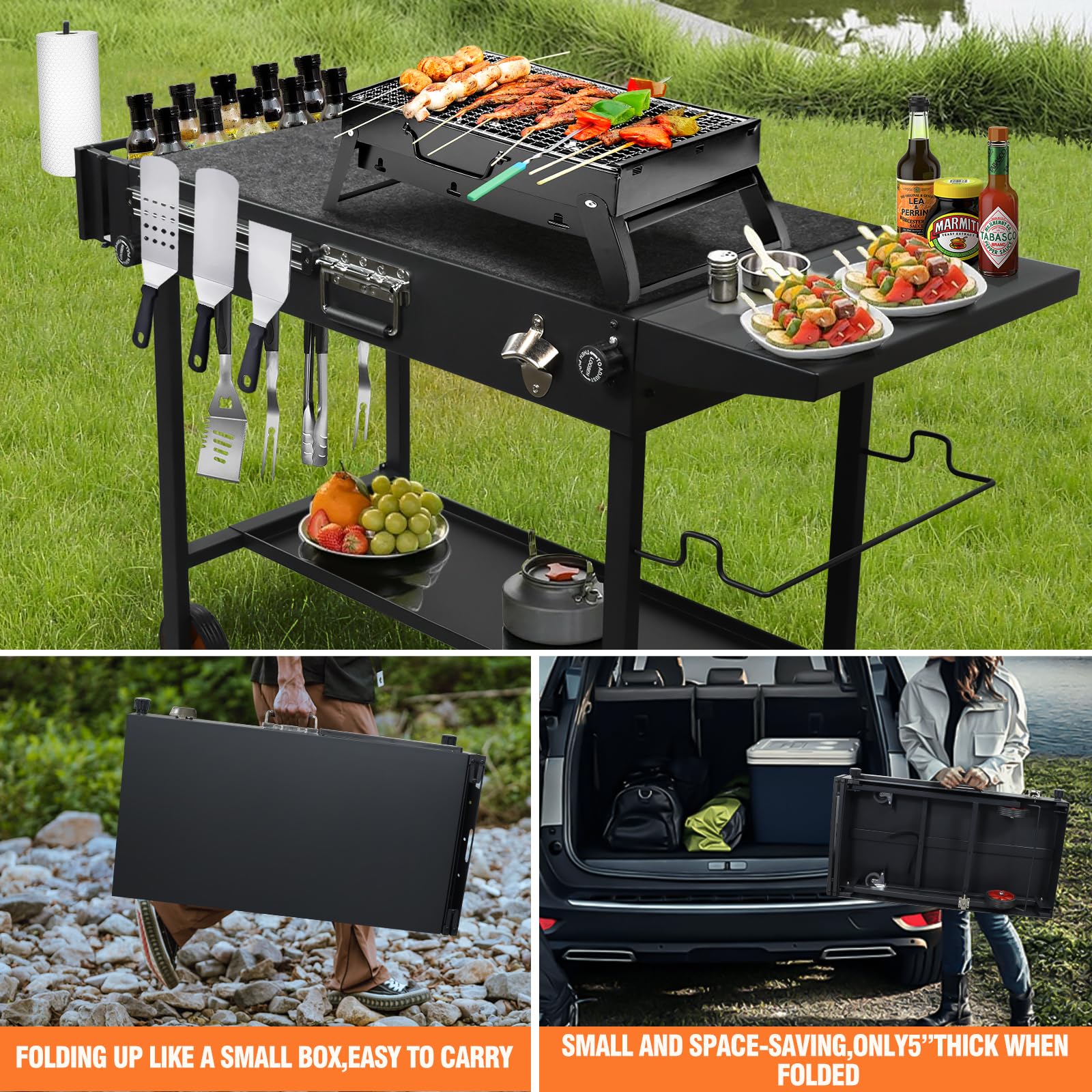 Mesa de Barbacoa con Ruedas – Carro de Barbacoa Exterior Plegable con Gran Superficie de Trabajo, Estantes de Almacenaje y Soporte para Utensilios