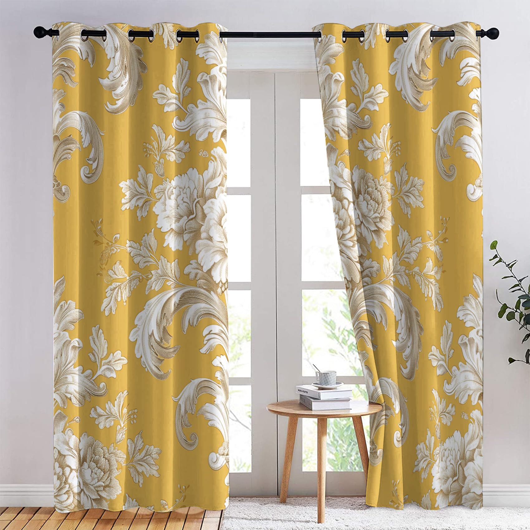 Rideaux Occultant Vintage Baroque, Rideau Isolant Thermique pour Salon Chambre, Rideaux Motif Ethnique Floral, Lot de 2 Rideaux Opaque à Oeillets 140x260cm LxH Q-E&6-295