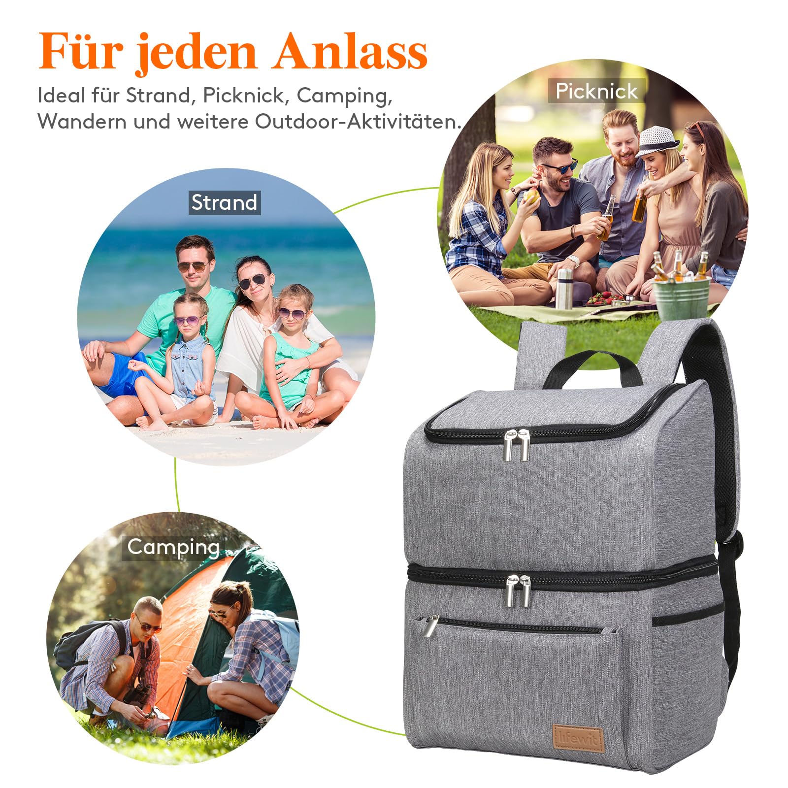 Lifewit 21L 30 Dosen isolierter Kühltasche, Thermo Lunchtasche, Kühlrucksack, auslaufsichere Doppeldecker-Kühltasche für Männer, Frauen, Mütter für Lunch, Picknick, Einkaufen, Reisen, Grau
