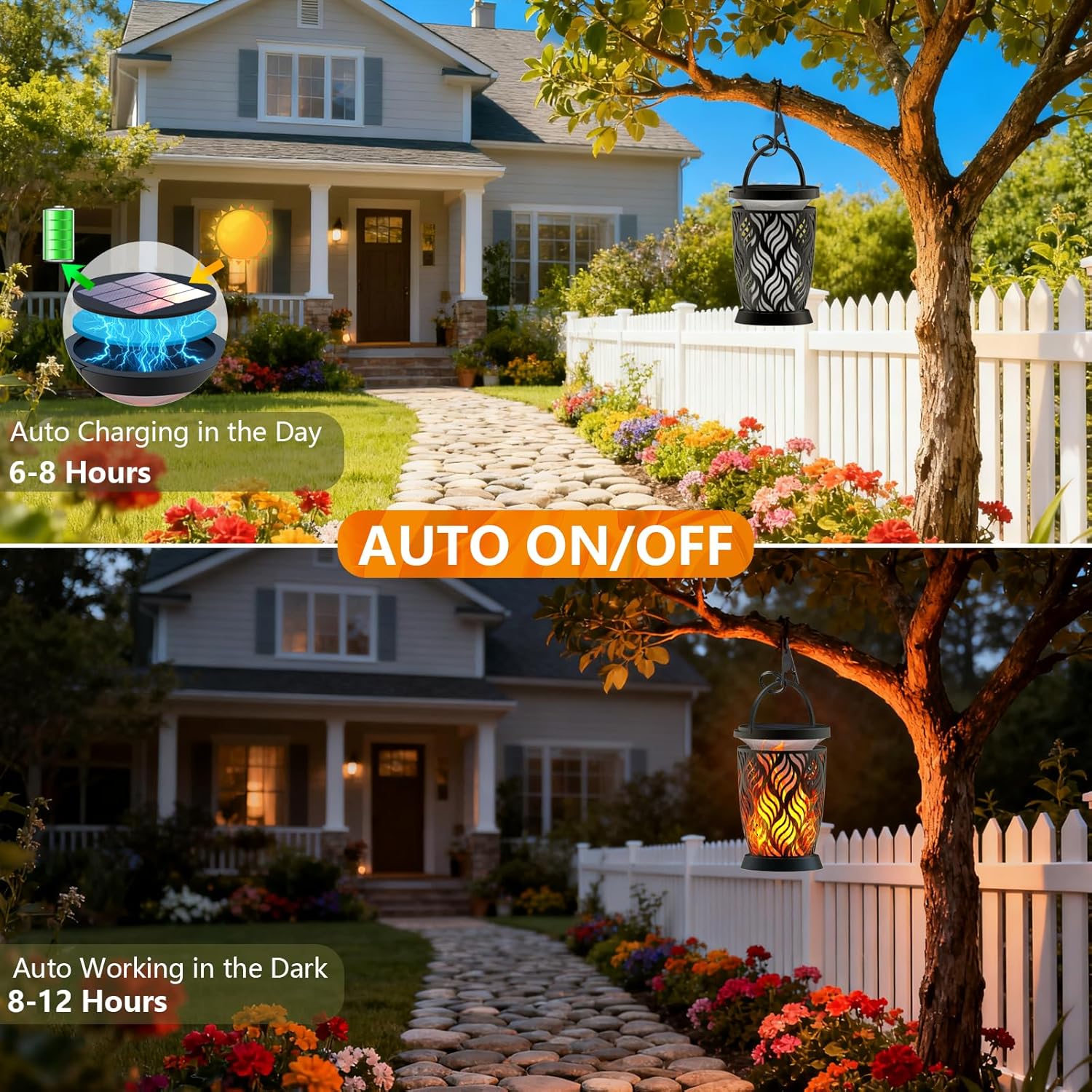 Solar Lanterns Outdoor Waterproof ,2 Pack Flickering Solar Flame Lights Upgraded Hanging Flame Lantern Pathway Torch Light Table Lamp, Auto On/ Off Porch Yard Gifts (1 Lighting Mode) - Image 4