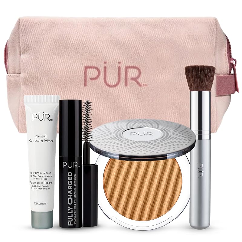 PÜR MINERALS Kit de Maquiagem Multitarefa com Primer 4 em 1, Máscara Fully Charged, Pó Mineral Compacto 4 em 1 e Pincel Chisel, Tom Medium Dark