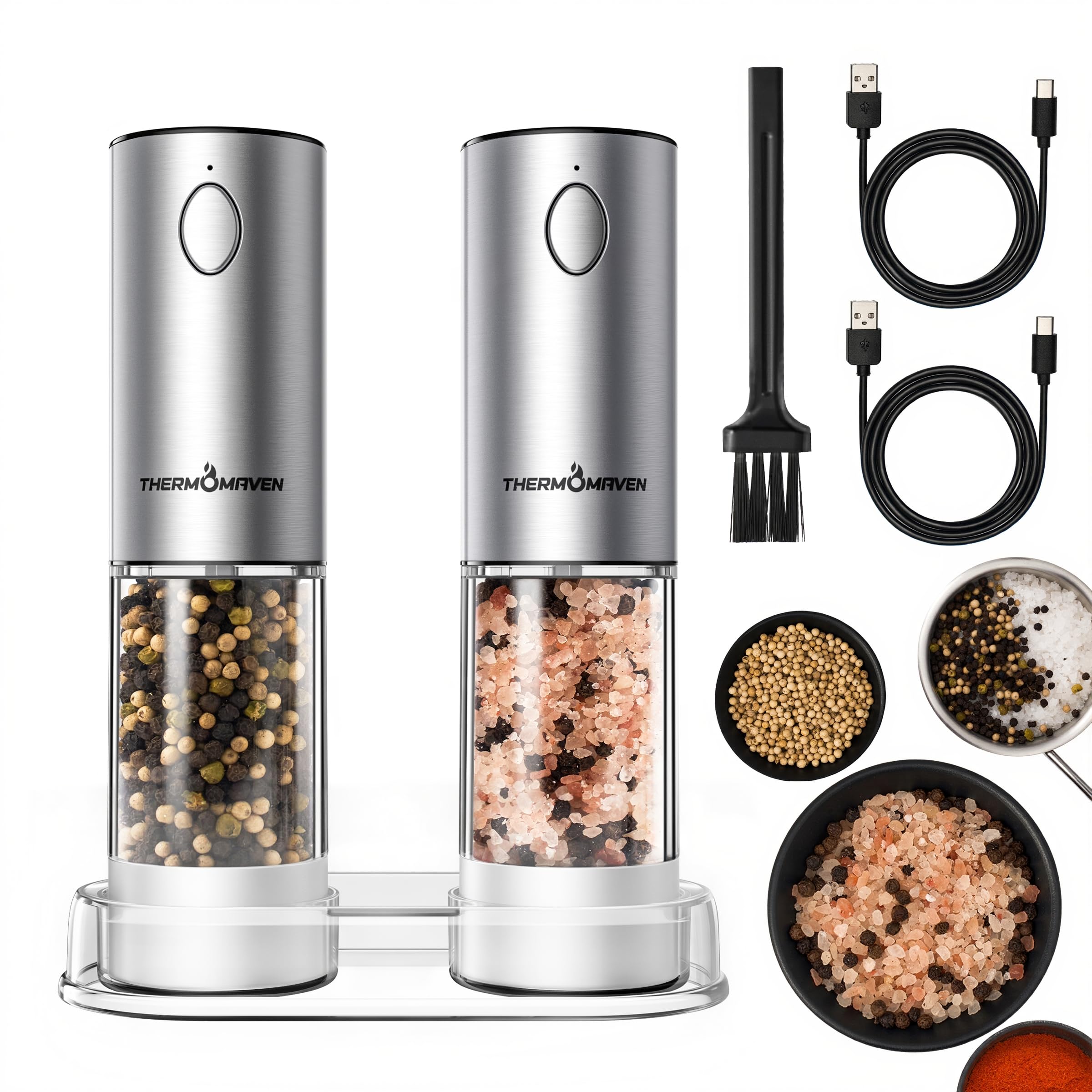 ThermoMaven 110ml Rechargeable Electric Salt and Pepper Grinder Set - 6 Adjustable Coarseness, Washable Parts, Built - in LED for Easy and Accurate Grinding, 2 Packs, Pearly White