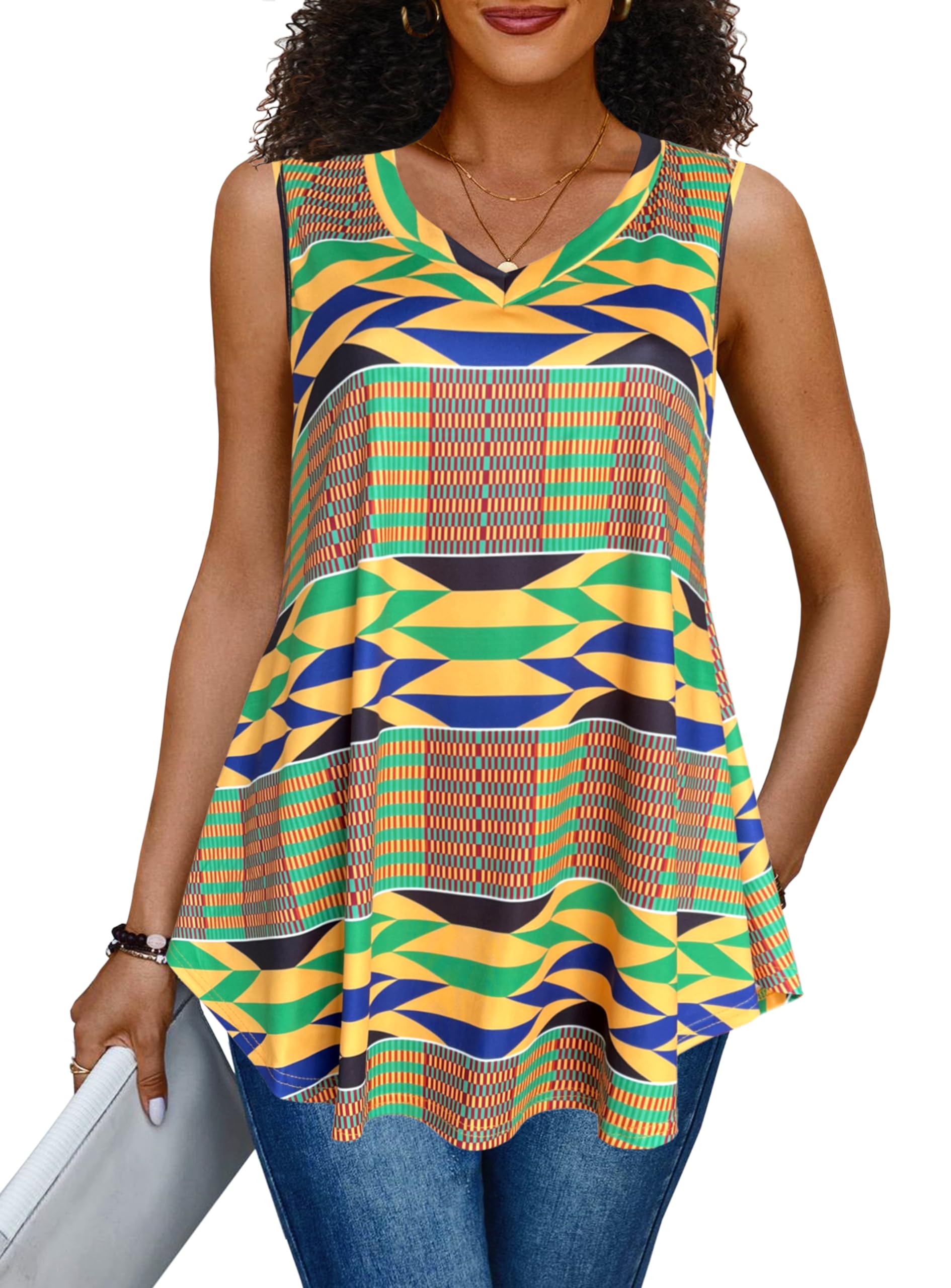 Afibi Summer Tops for Women Sleeveless V Neck Tshirt Loose Fit African Dashiki Tank Tunic Blouse