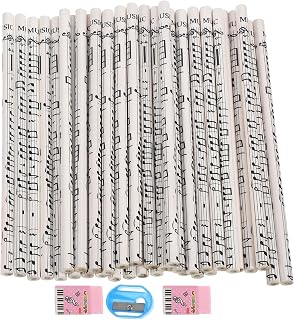 Gadpiparty 36 lápices musicales con motivos musicales para niños, lápices de madera con gomas de borrar, sacapuntas, bolígrafos divertidos para estudiantes, niños, aula, color blanco