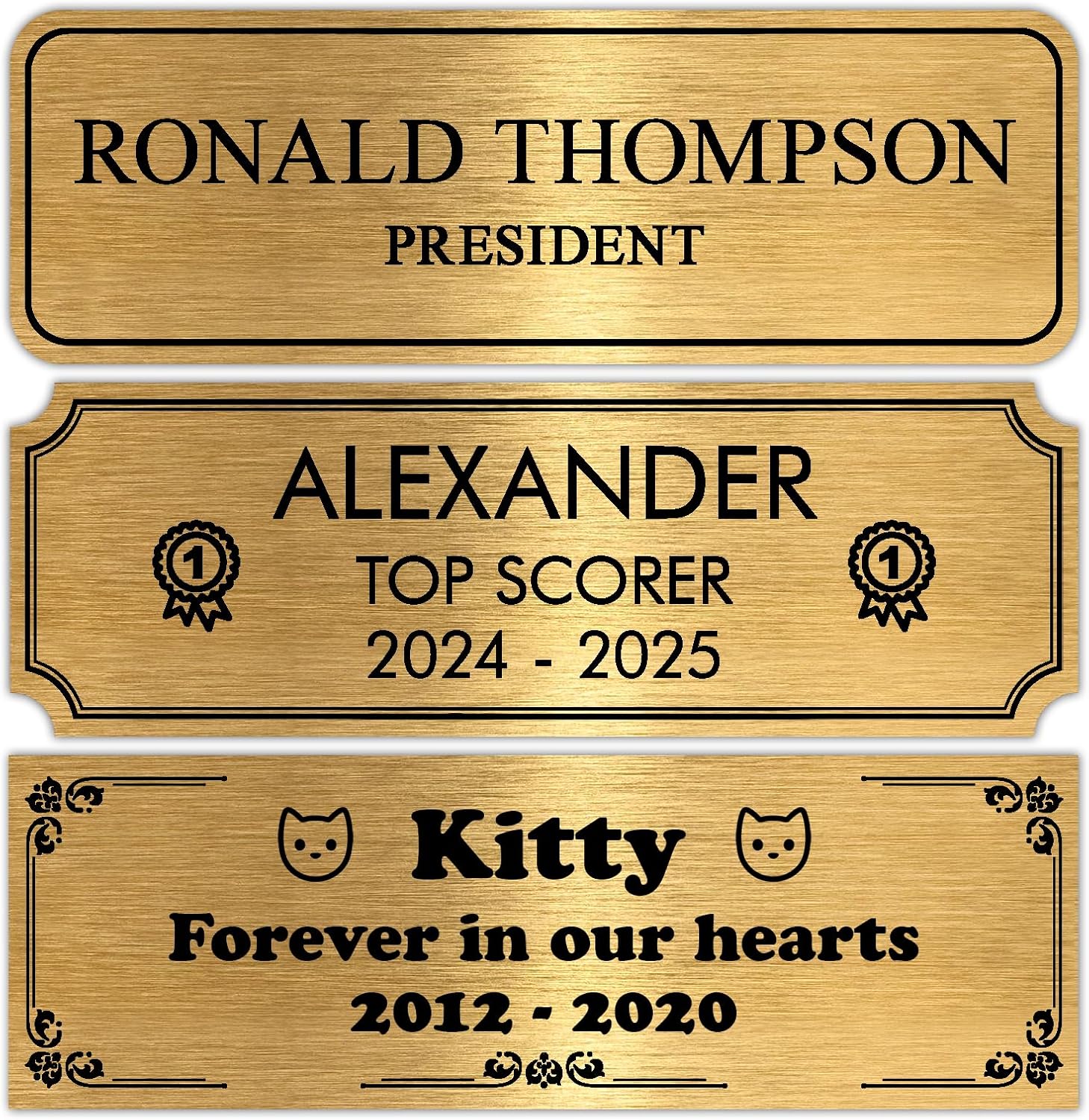 Personalized Engraved Name Plate 3" x 1" – Custom Metal Label for Trophy, Picture Frame, Plaque, Urn, Shadow Box – Gold – Self Adhesive Backing – Custom Text Laser Engraved